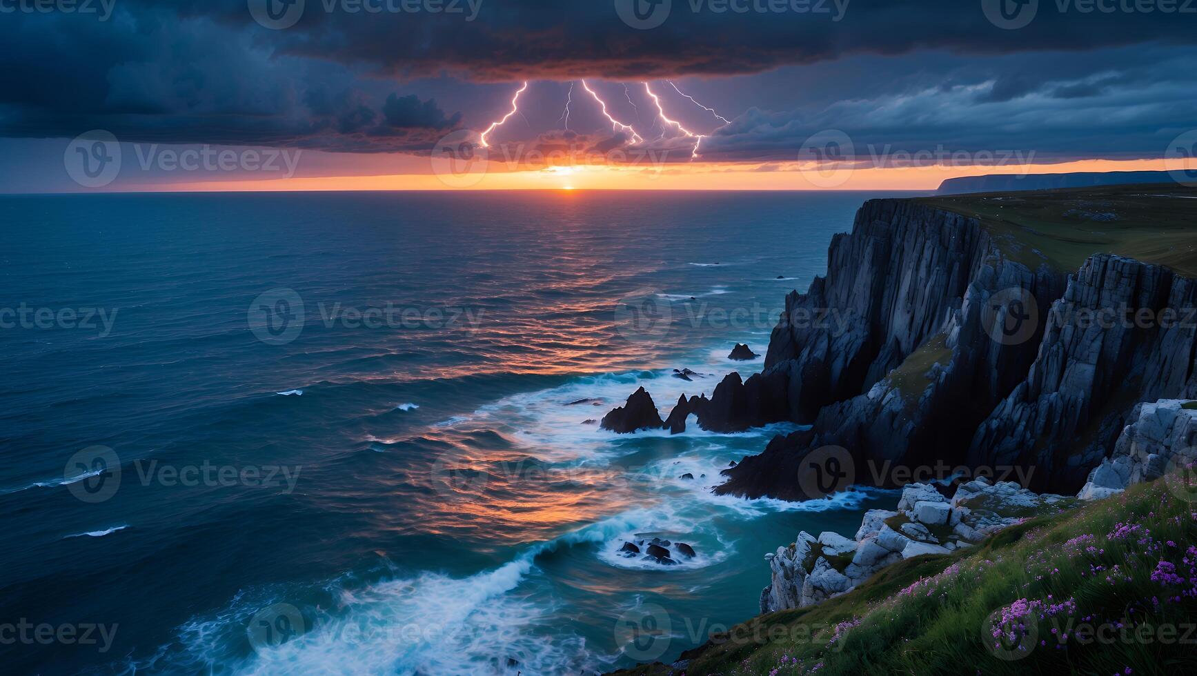 Ocean Cliffside View with Dramatic Sunset and Lightning Storm Scenery photo