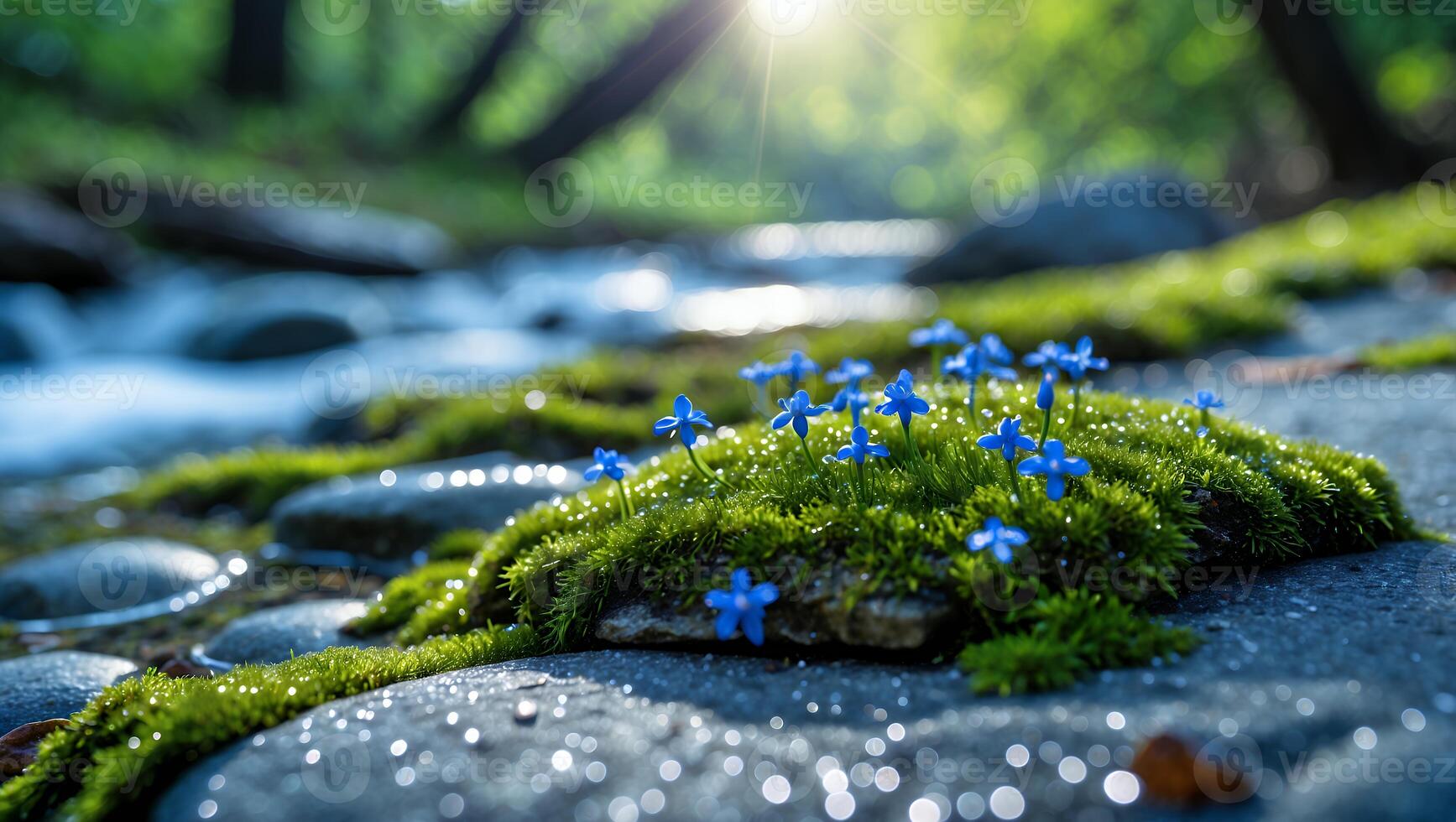 Tiny Blue Flowers Bloom on Mossy Rock by Stream in Forest photo