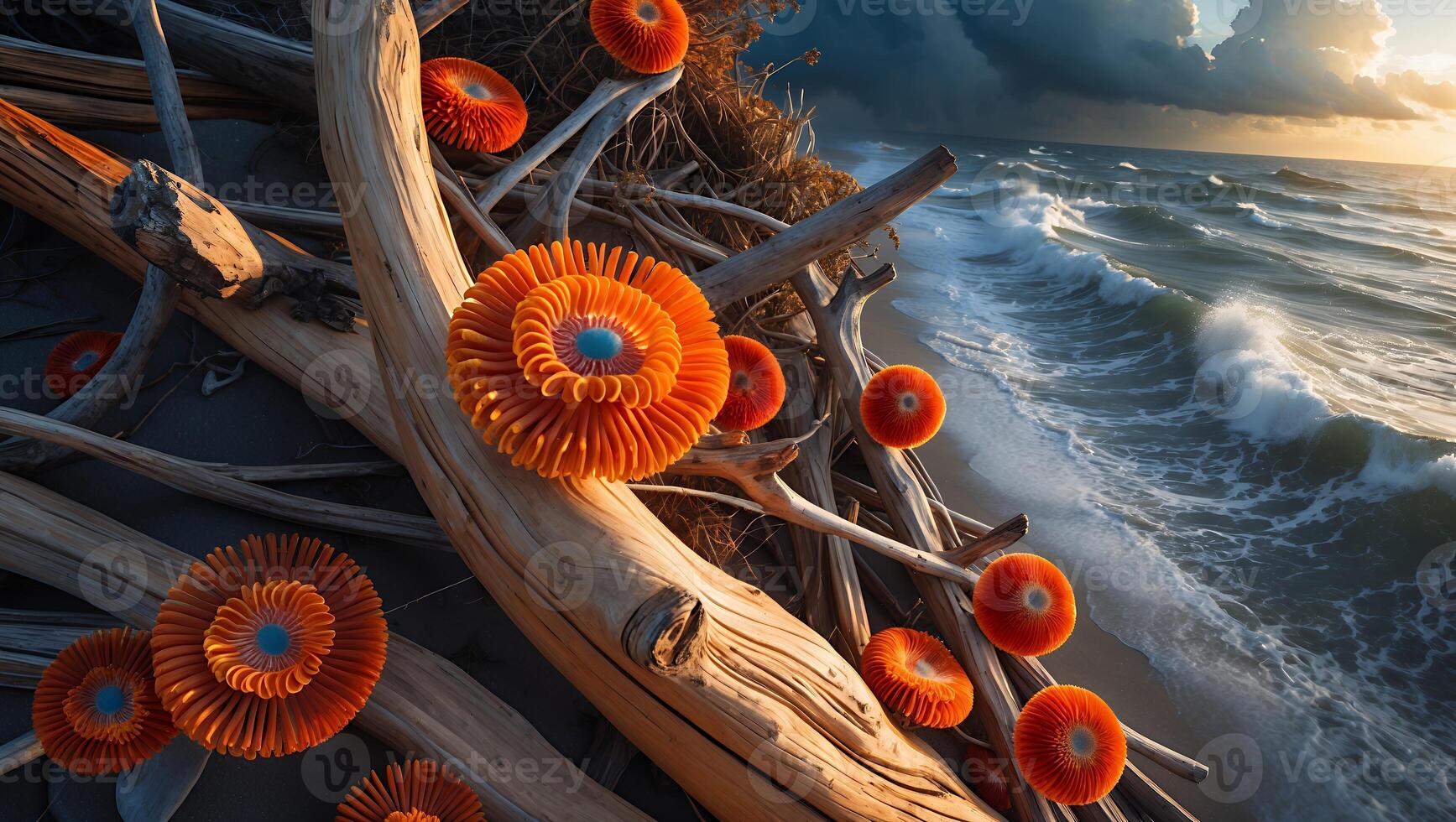 Orange Geometric Shapes on Wood by the Sea at Sunset photo
