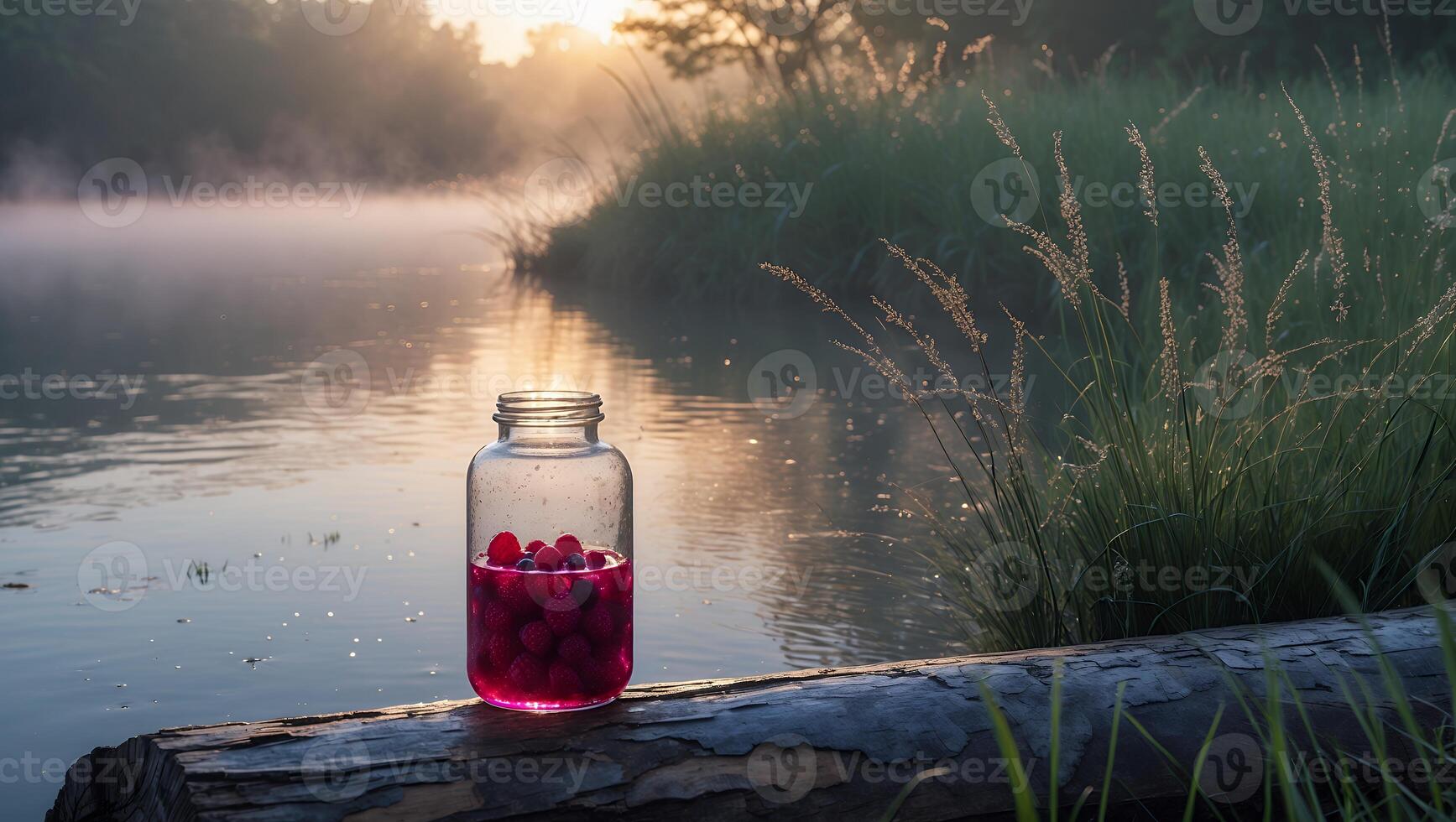 Raspberry Filled Jar on Log Overlooking Tranquil Lake at Sunrise photo