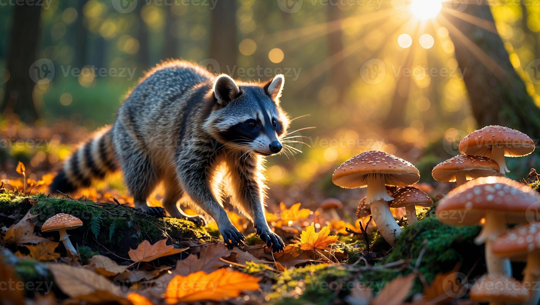Raccoon Foraging in Forest at Sunrise with Mushrooms and Autumn Leaves photo