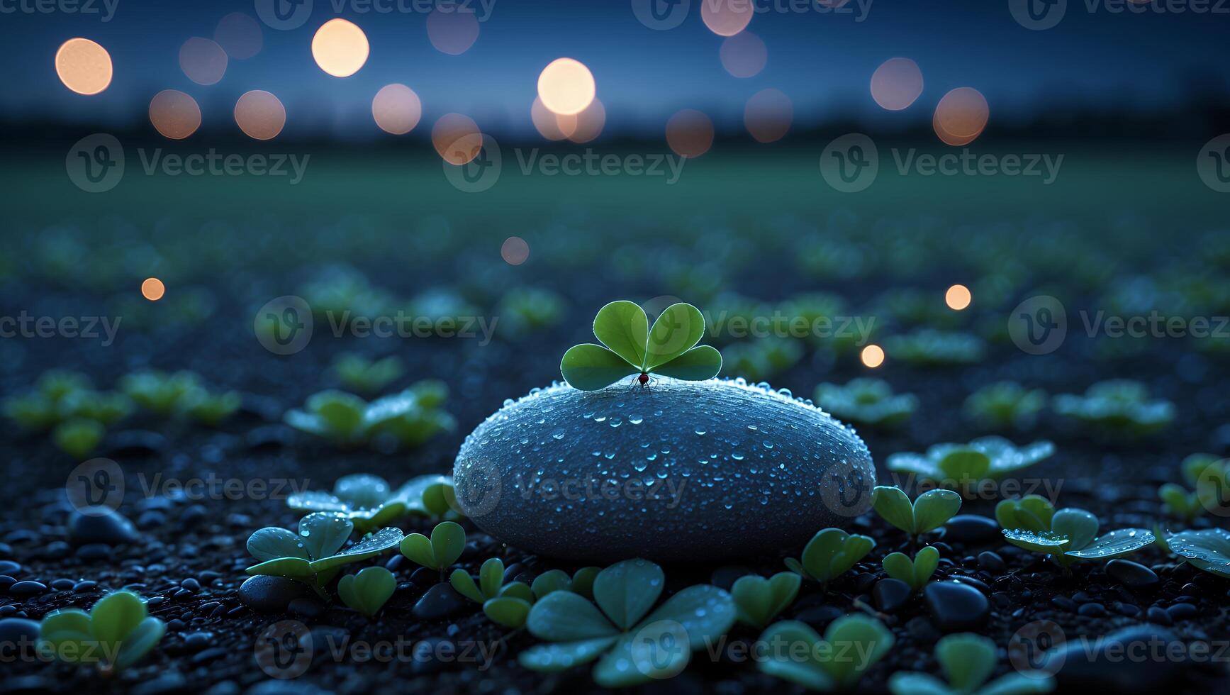 Clover Sprout Growing on Stone Surrounded by Greens with Bokeh Lights photo
