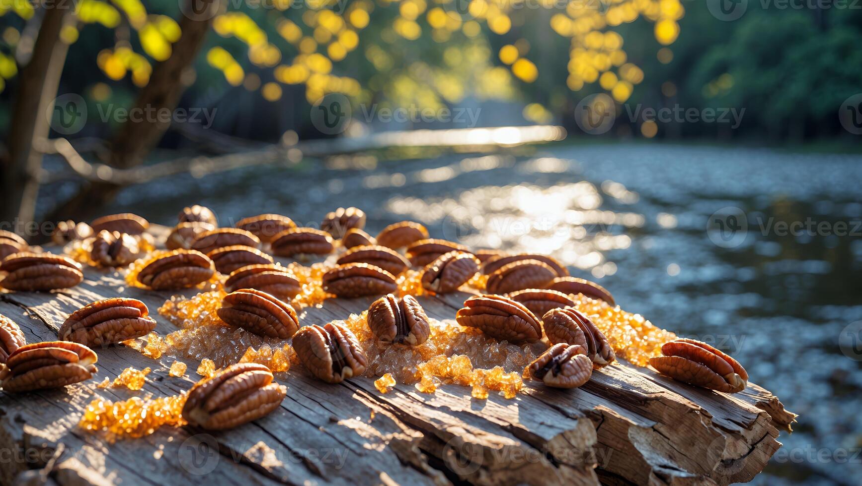 Pecan Nuts and Brown Sugar on Wood by River in Nature photo