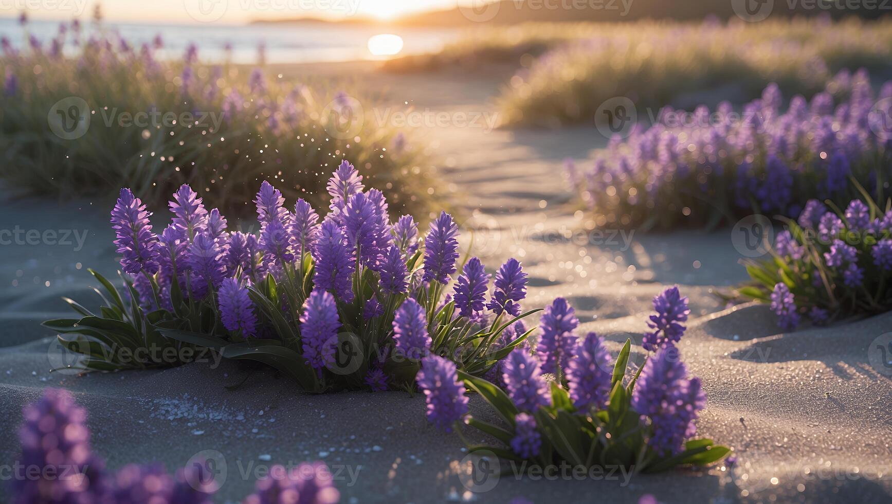 Lavender Flowers Blooming on Sandy Beach at Sunset with Golden Light photo