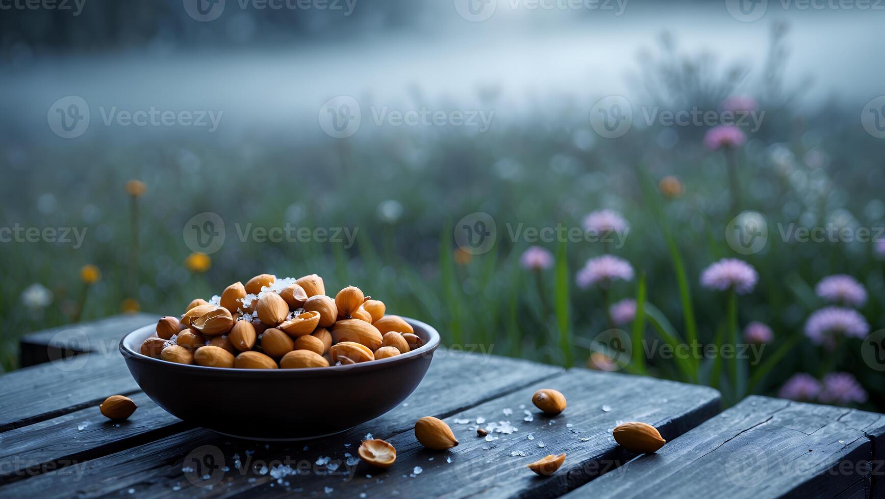 Salted Almonds in Bowl on Wooden Table in Misty Meadow photo