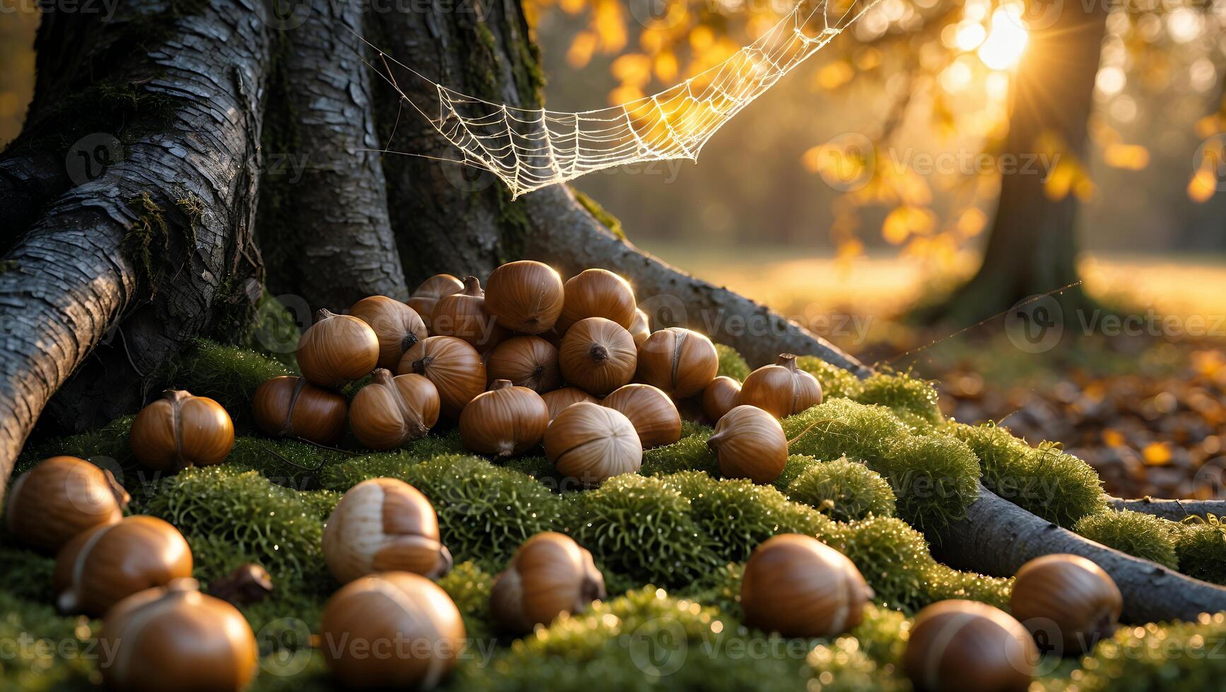 Hazelnuts Gathering Under Tree Roots in Autumn Forest with Cobweb photo