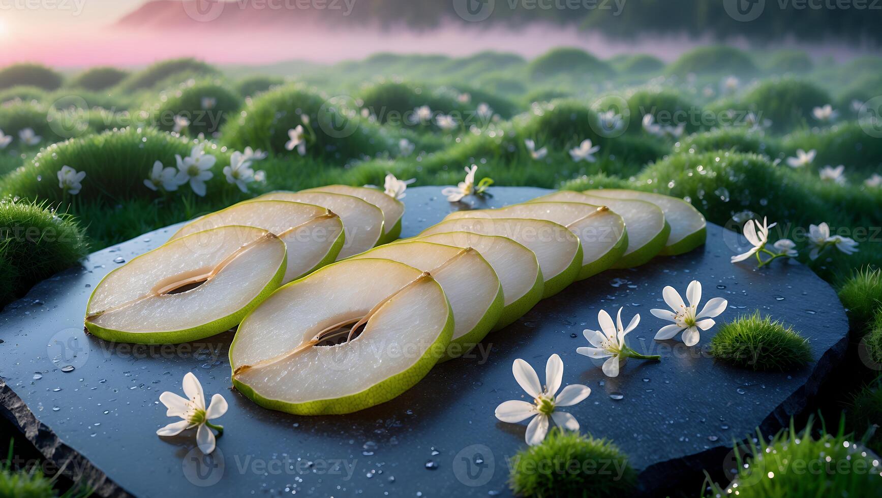Sliced Pear Fruit on Stone Plate with Flowers and Moss photo