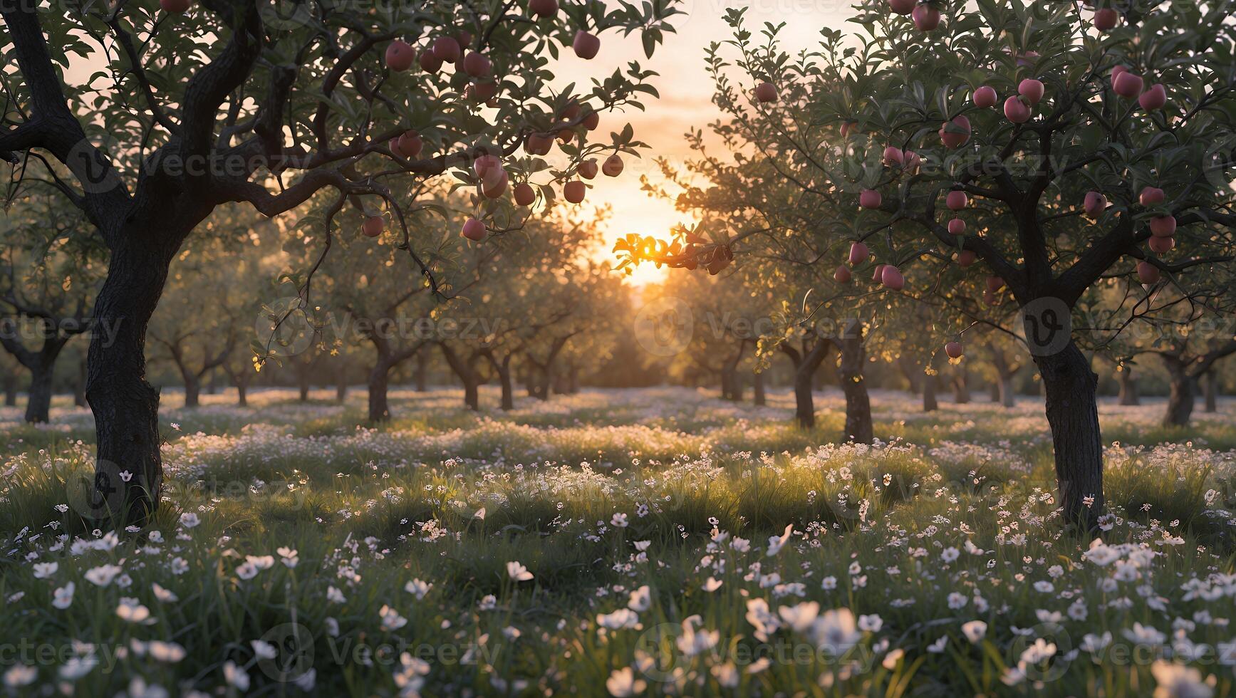 Walking Through Orchard at Sunset with Apple Trees and Wildflowers photo