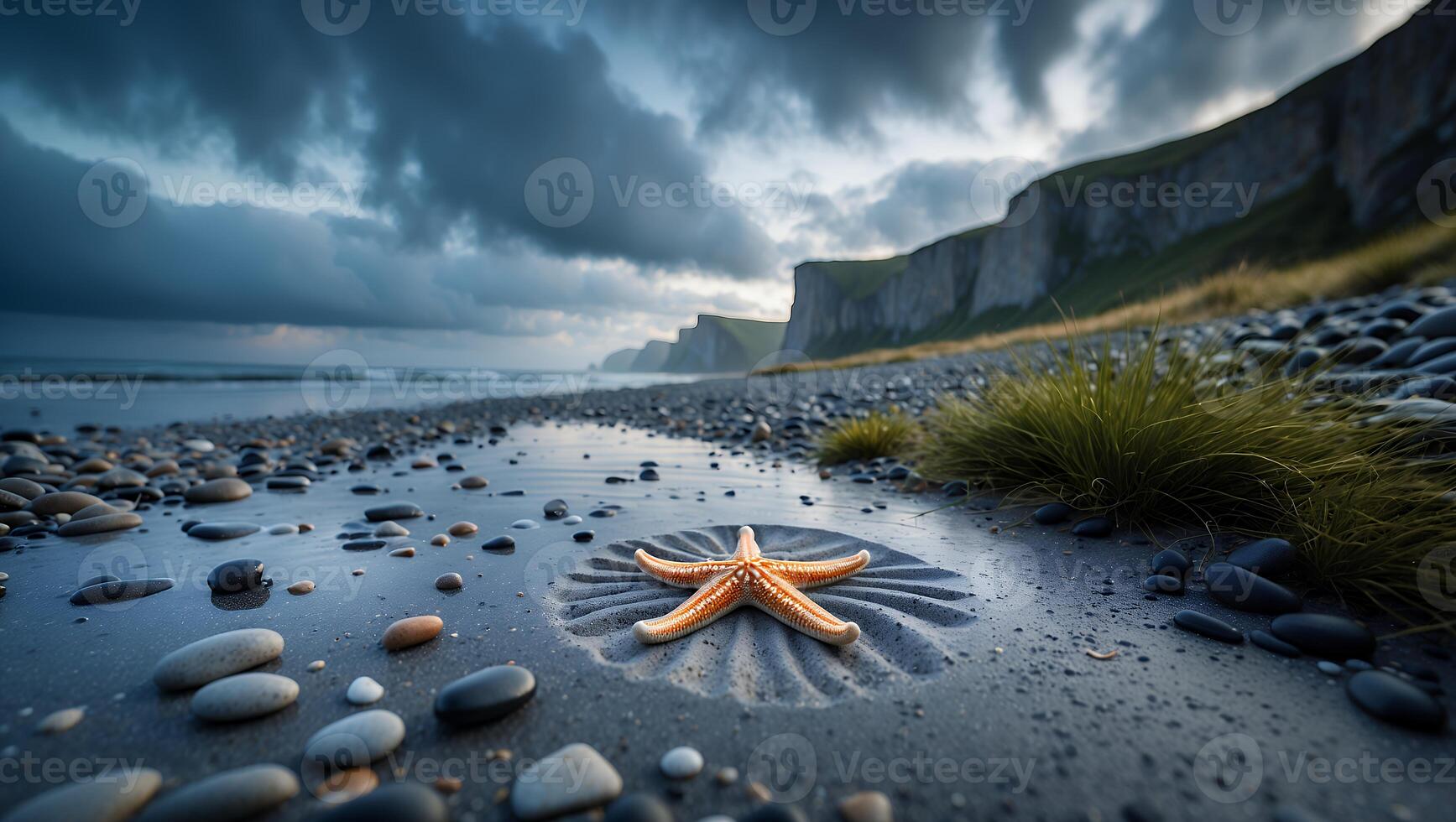 Starfish Resting on Rocky Beach with Dramatic Cliffs and Cloudy Sky photo