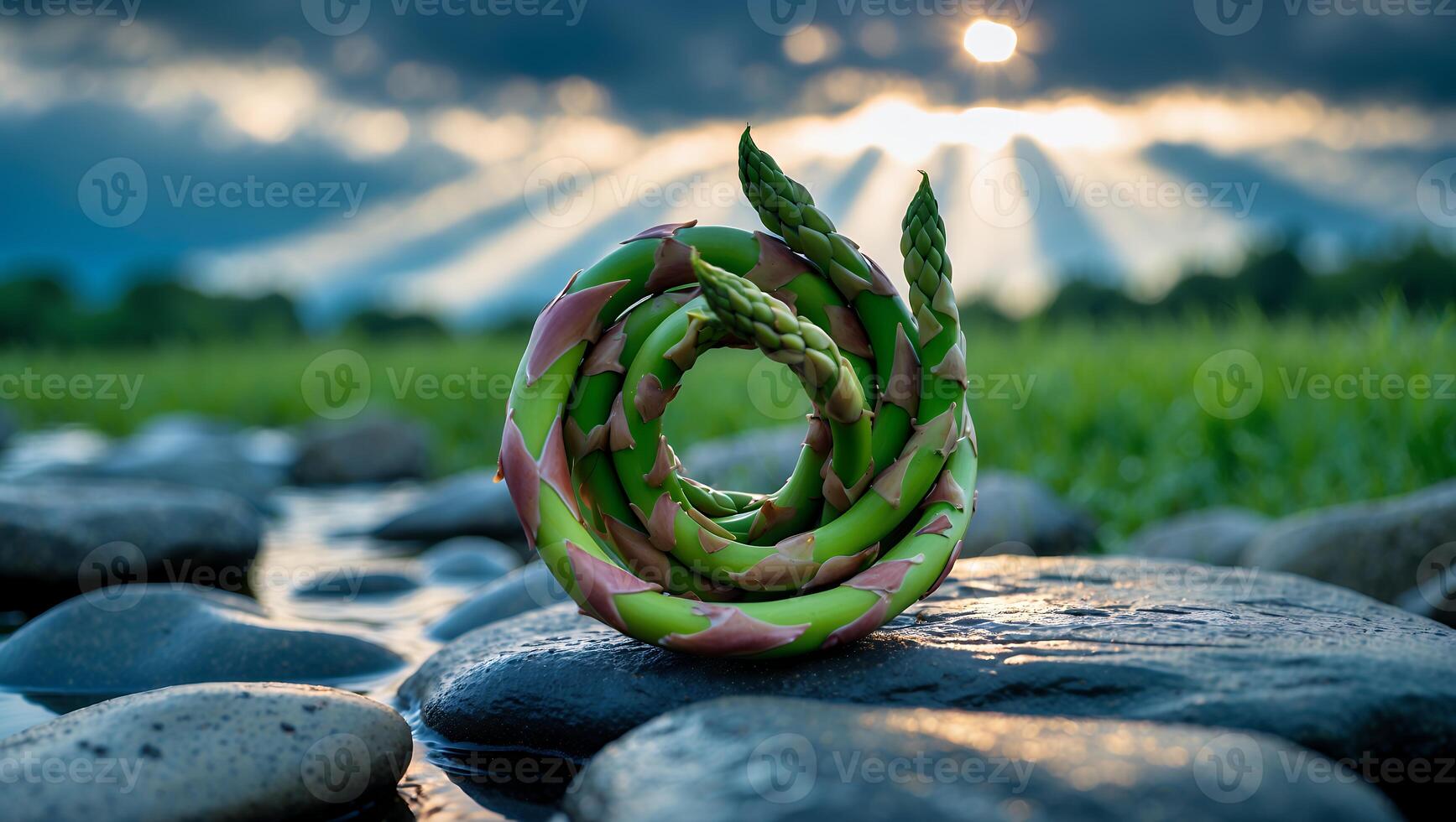 Arranged Asparagus on River Rocks at Sunset with Sunbeams photo