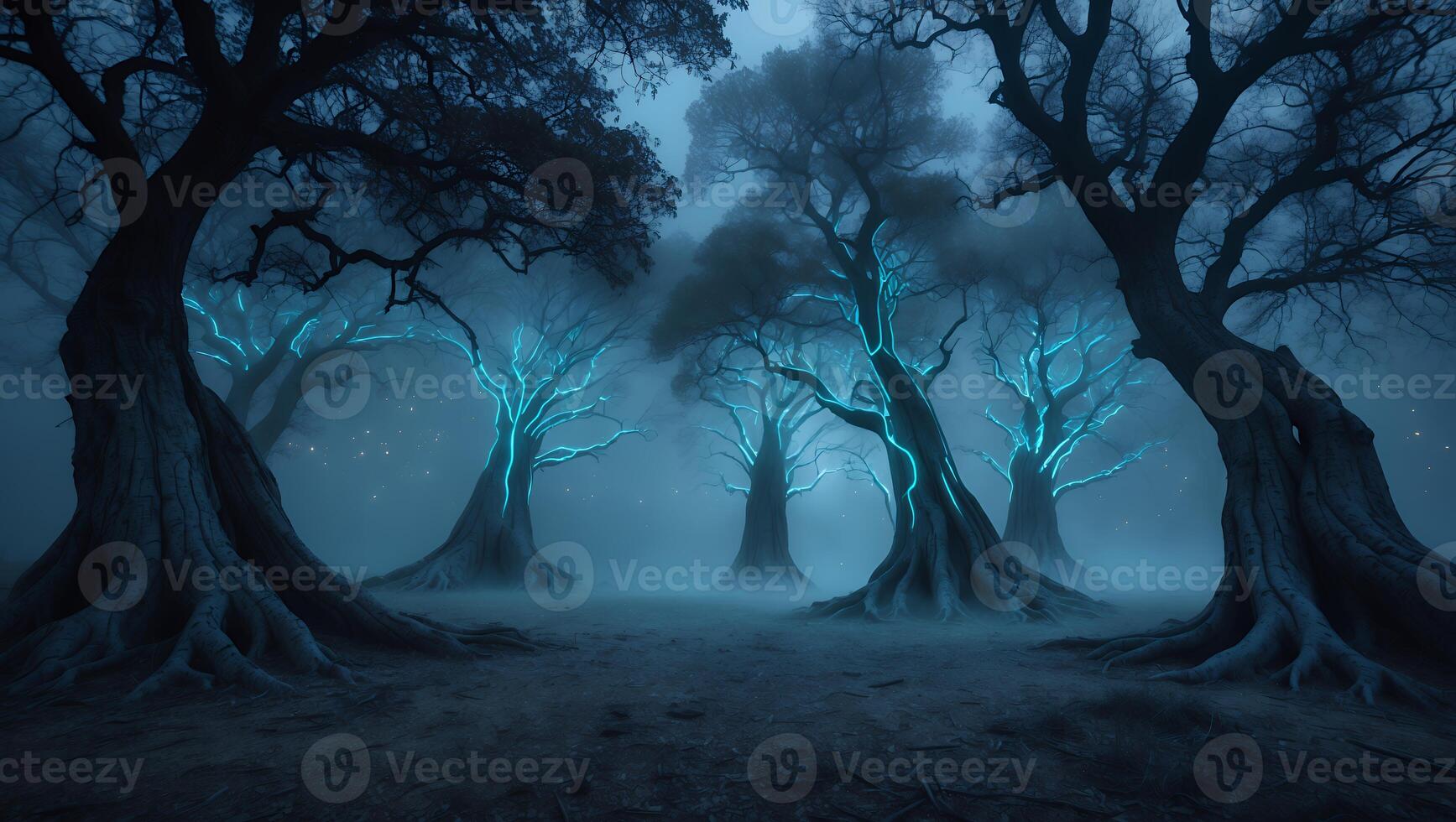 Mysterious Glowing Tree Forest with Fog and Dark Tranquility photo
