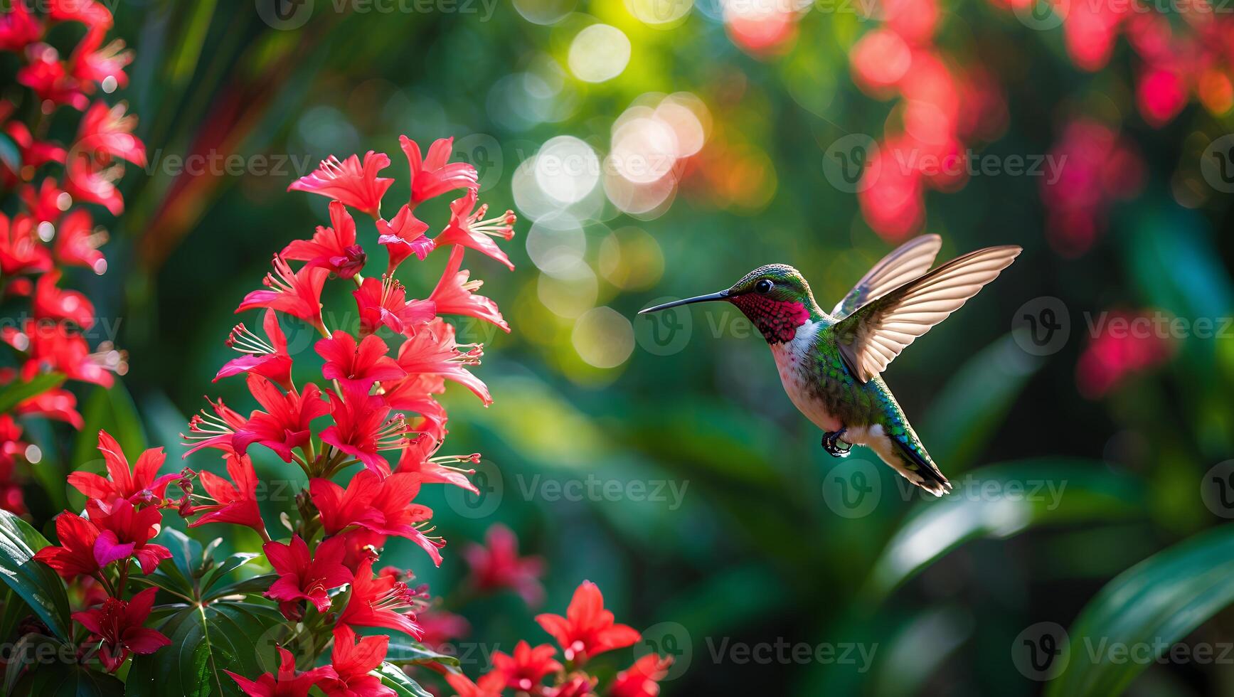 Hummingbird Hovering Near Vibrant Red Flowers in Natural Sunlight Garden photo