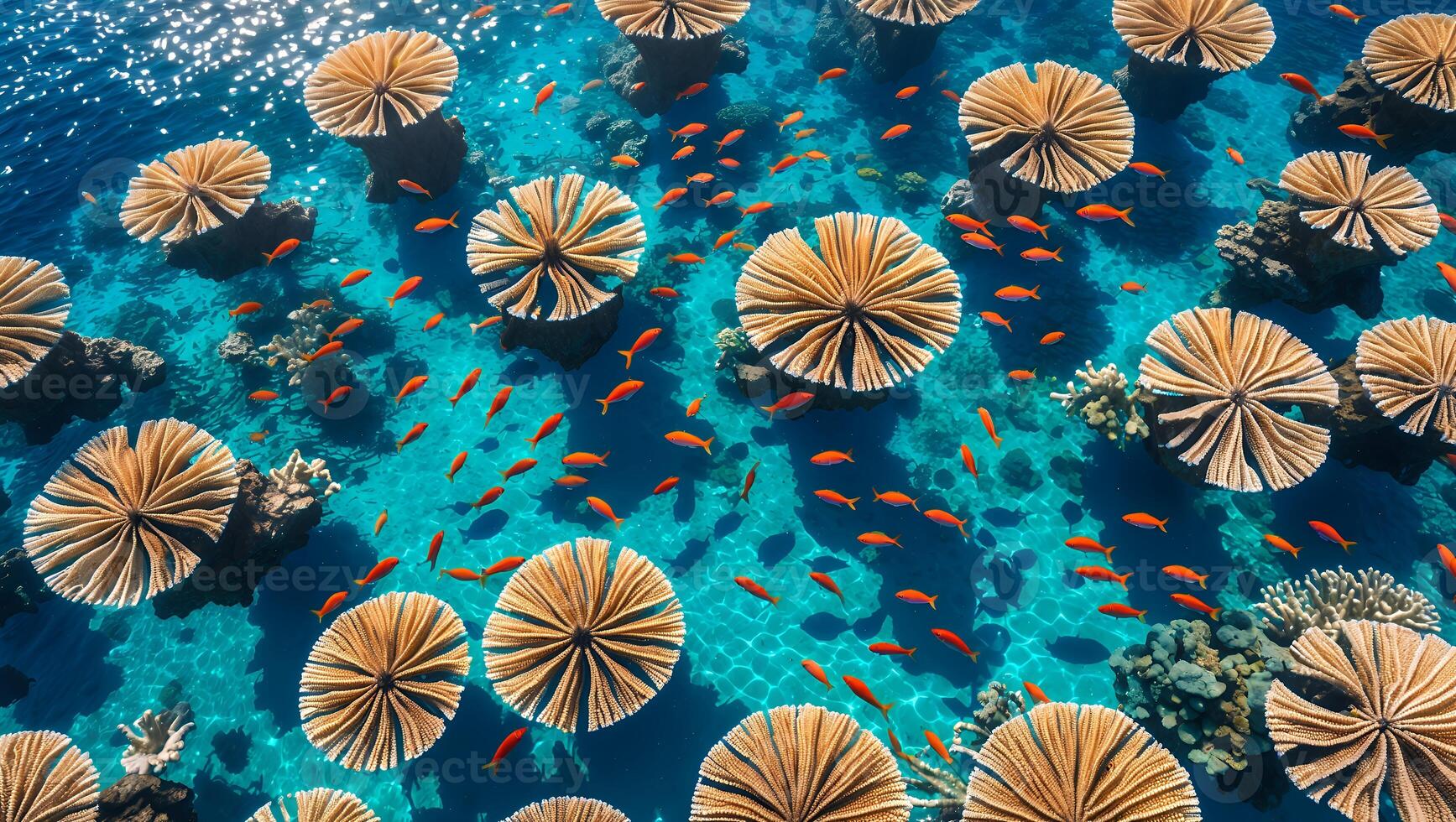 Swimming Goldfish Around Beautiful Coral Reefs in Crystal Clear Tropical Water photo