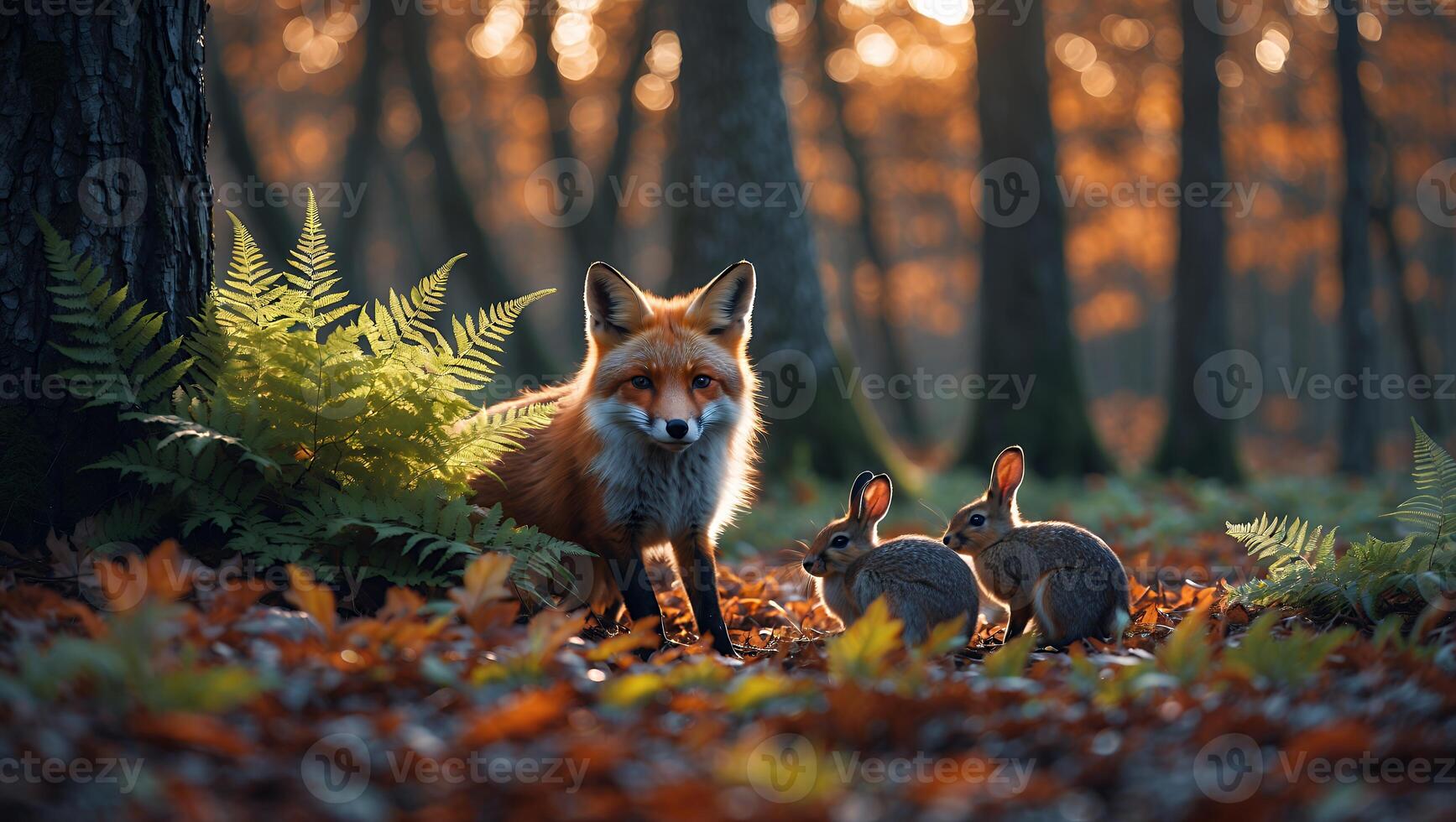 Fox with Rabbits in Autumn Forest at Sunset Wildlife Encounter photo