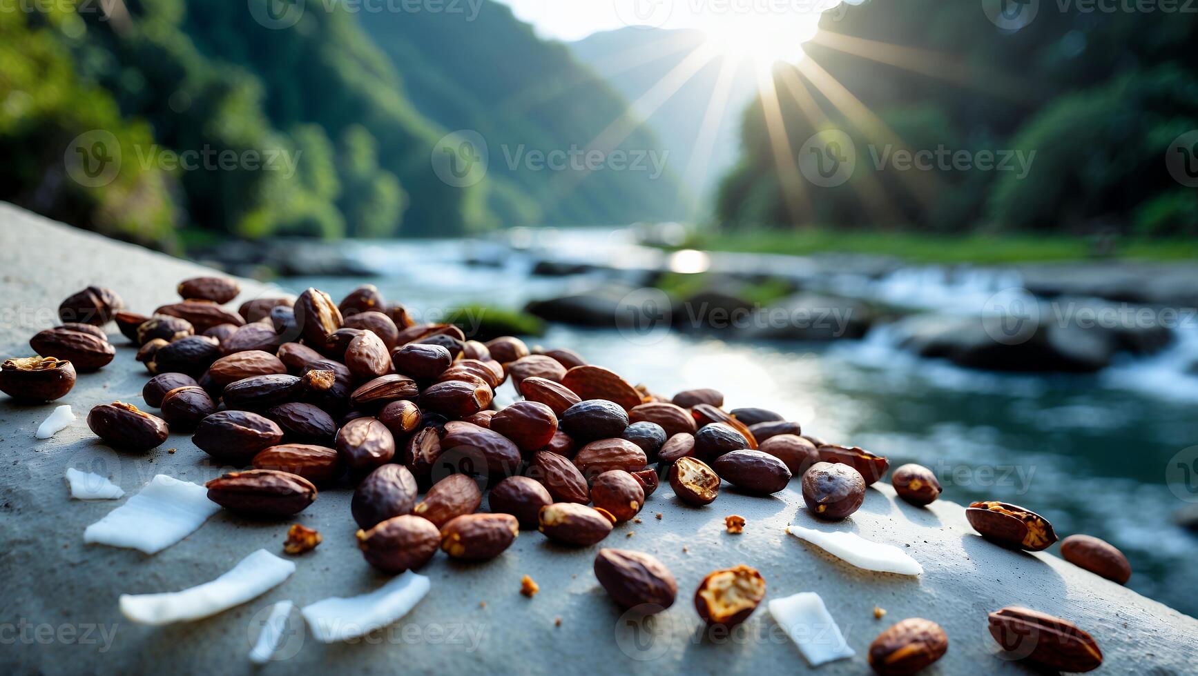 Pile of Almonds and Coconut Flakes with River Background photo