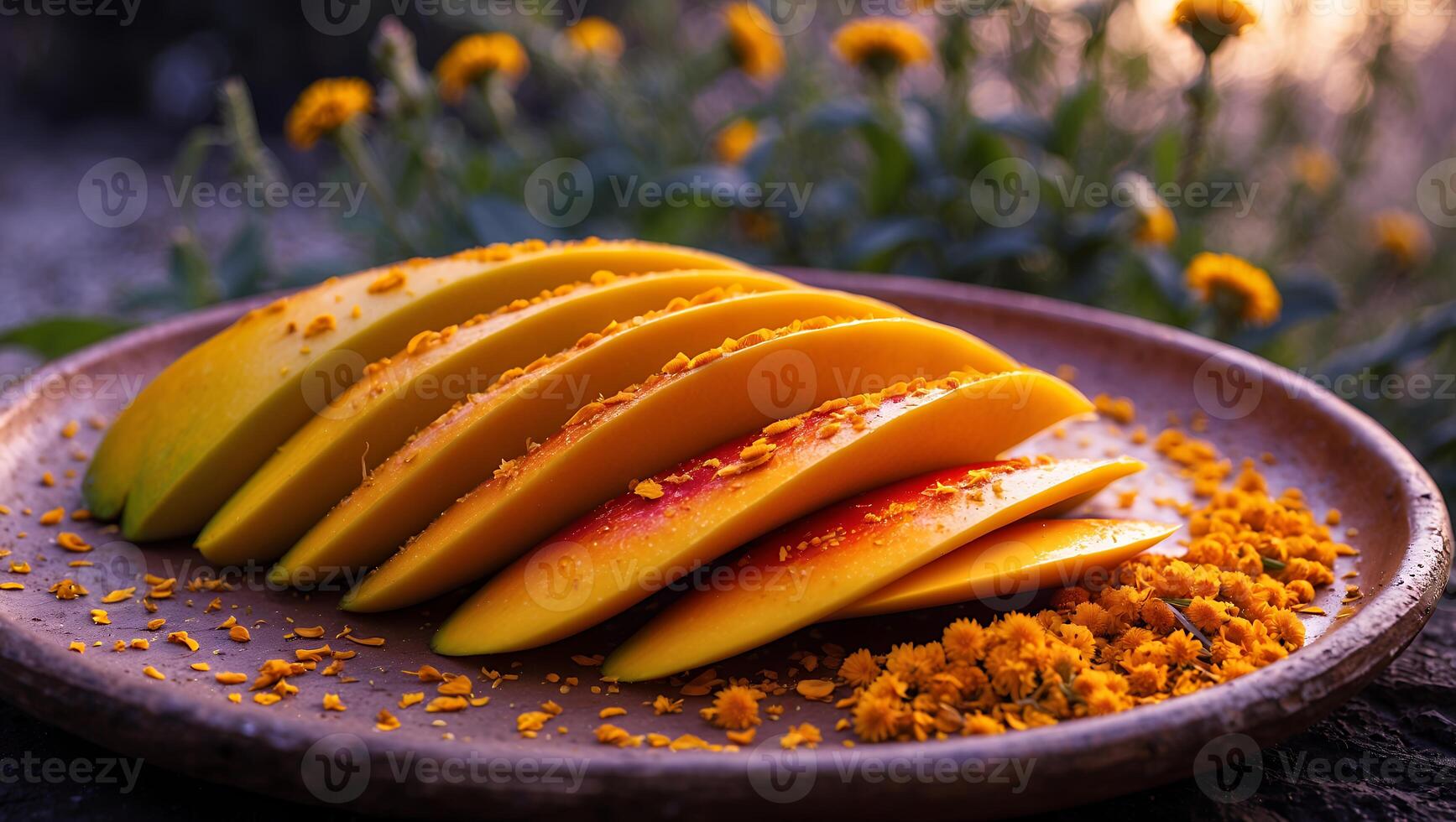 Sliced Mango on Plate with Yellow Flowers in Background photo