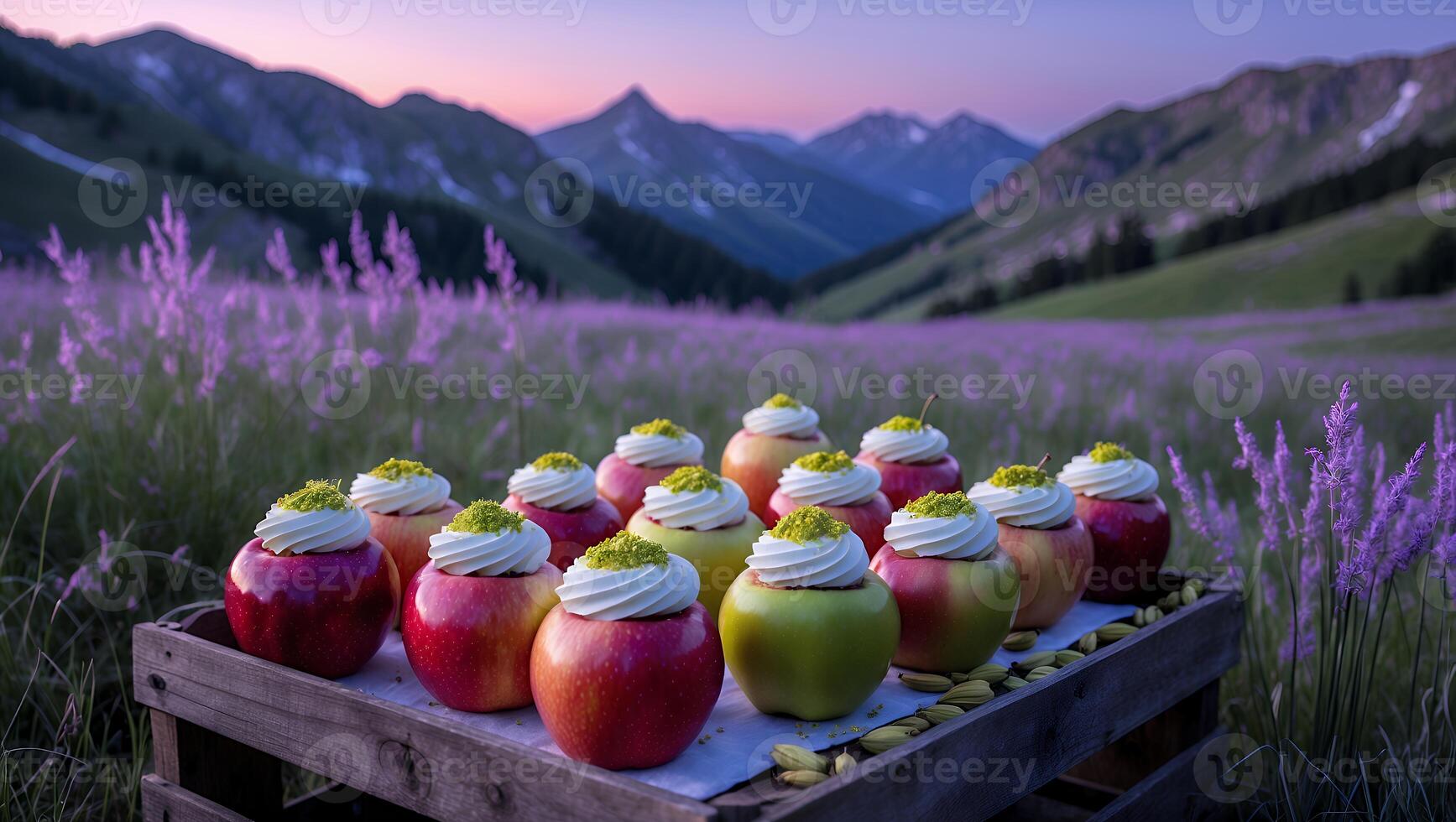 Apples with Cream and Pistachios on a Tray in Mountain Field photo