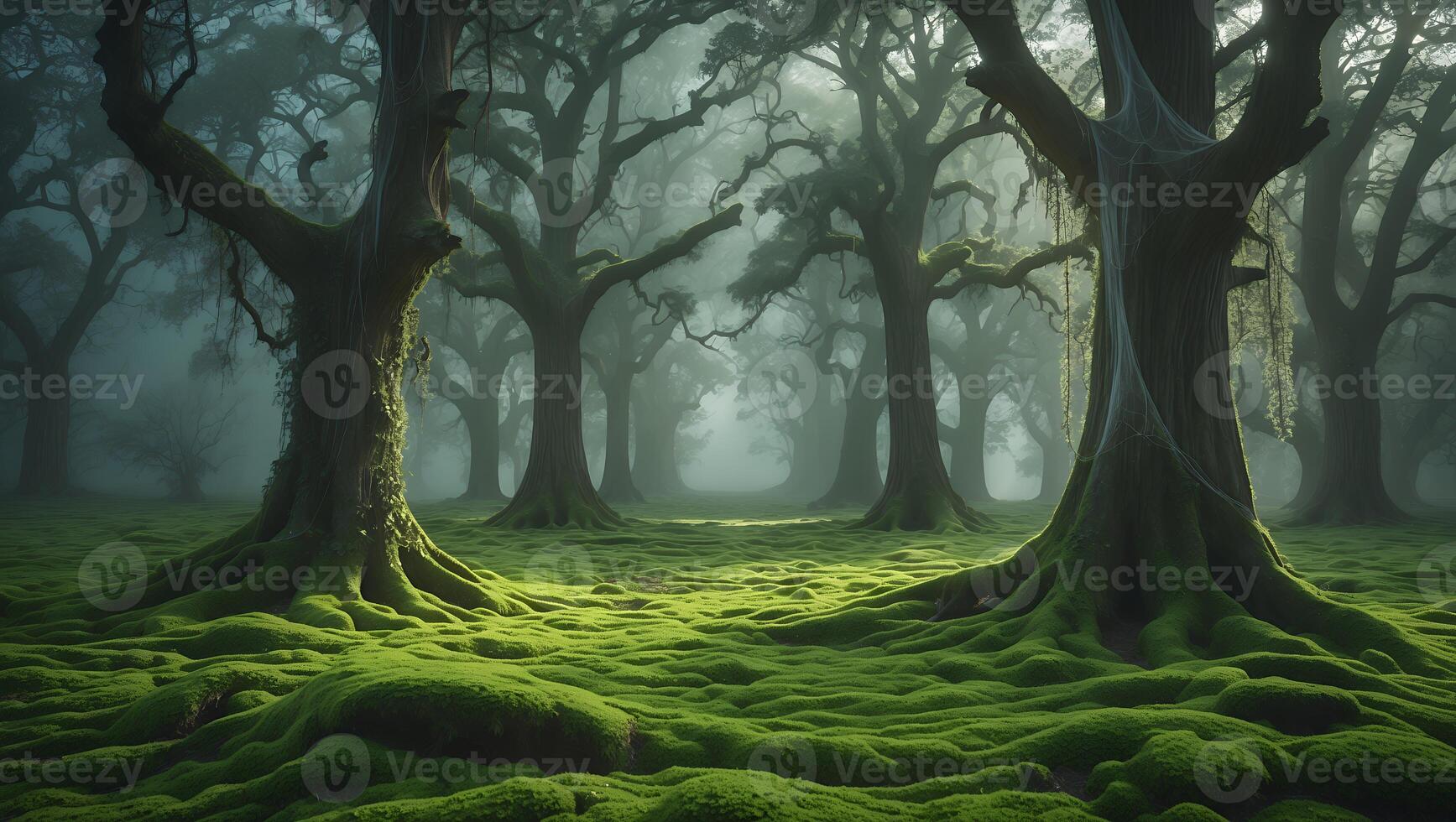 Walking Through a Mossy Forest with Twisted Trees and Eerie Mist photo