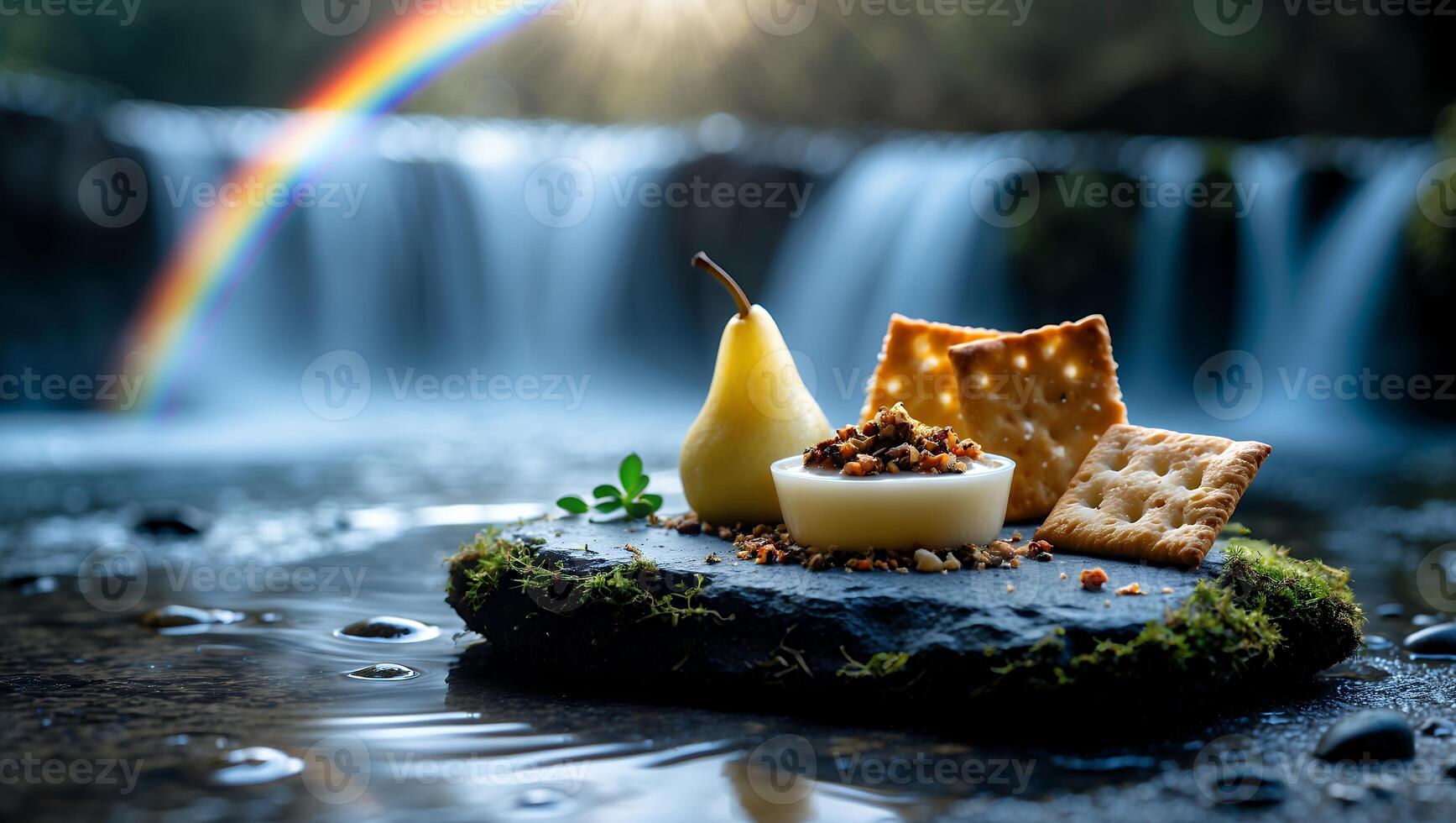 Pear, Dip, and Crackers with Waterfall Backdrop and Rainbow photo