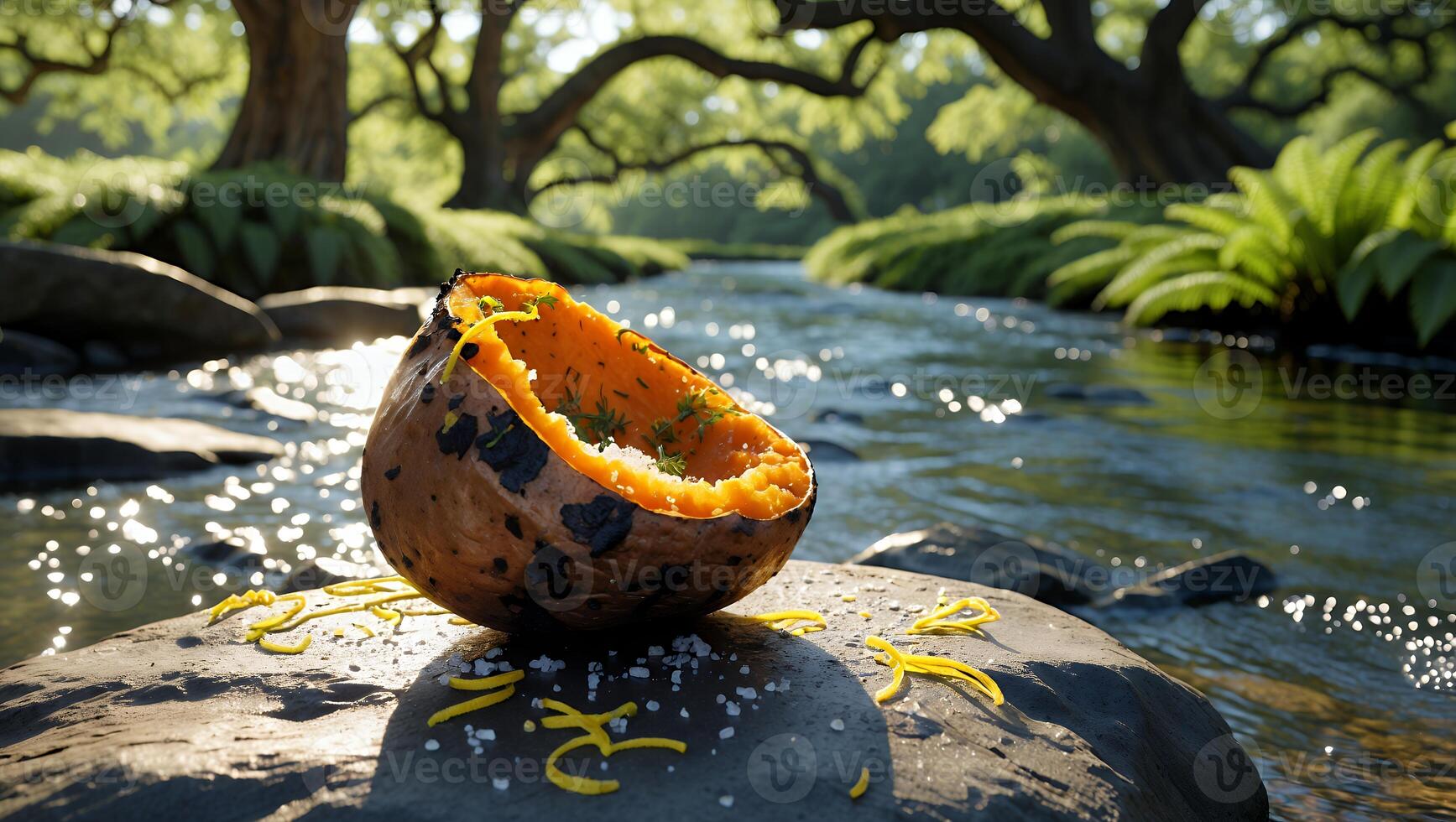Baked Sweet Potato on Rock by River with Lush Forest Background photo