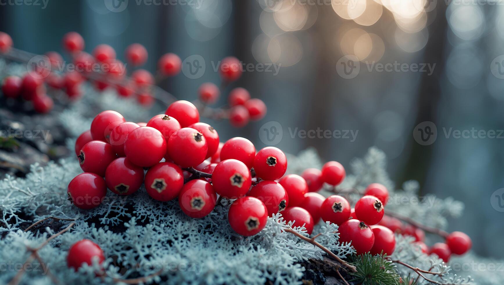 Red Berries on Branch with Lichen Growing in a Forest Setting photo