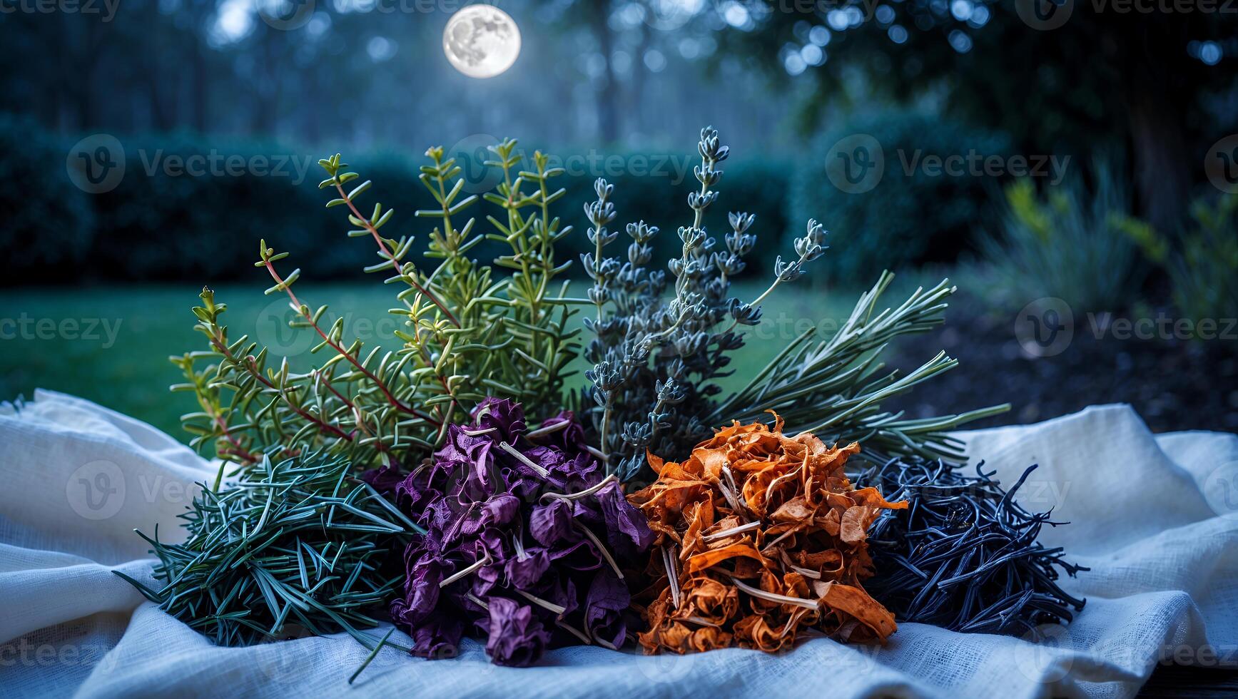 Display of Dried Herbs on Cloth with a Glowing Moon Background photo