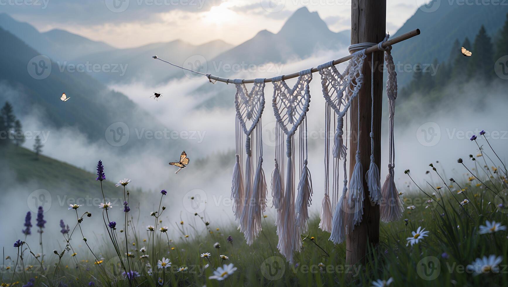 Macrame Hanging Displayed in Misty Mountain Meadow with Butterflies Flying photo