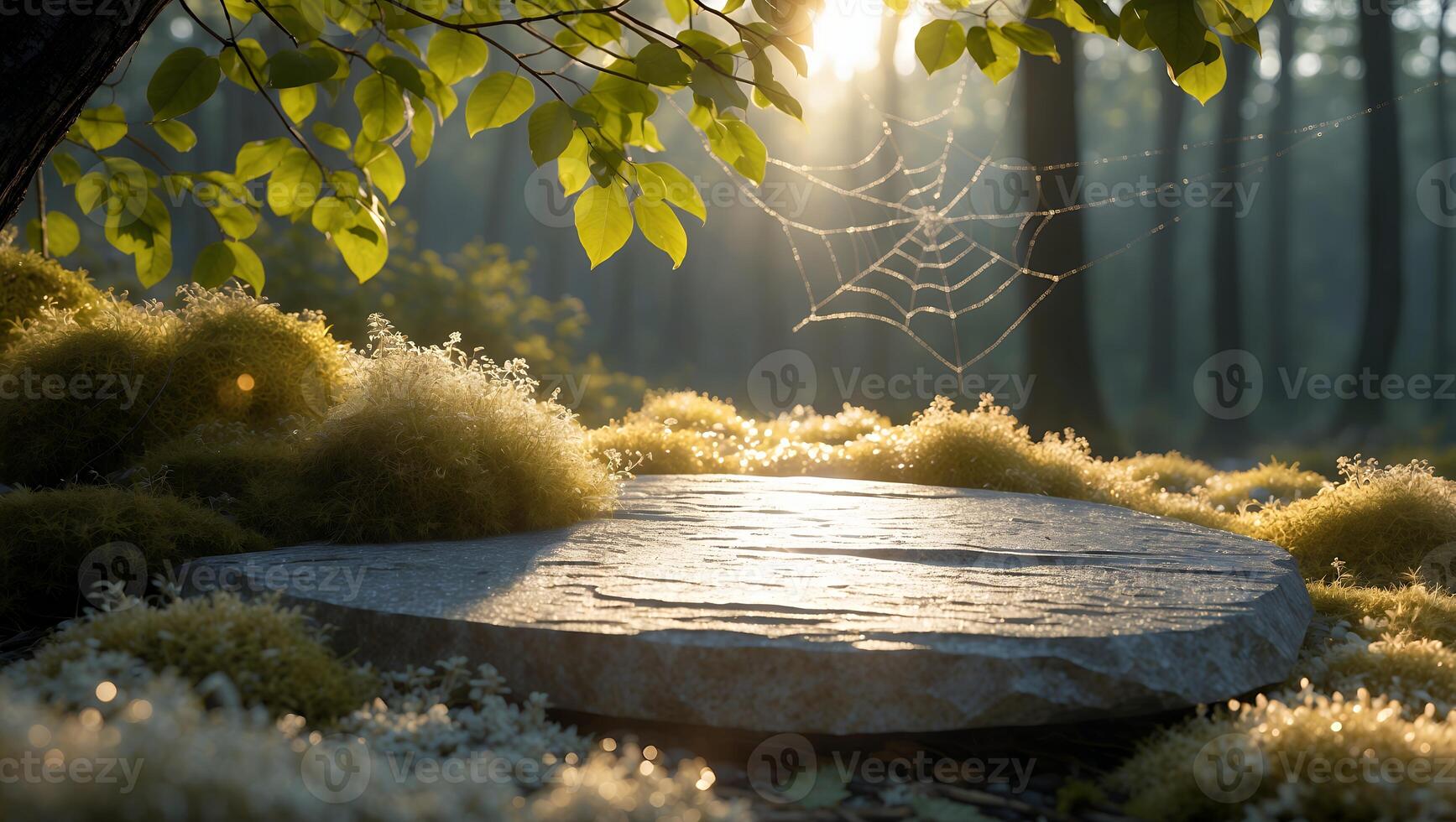 Stone Platform in Forest with Sunlight Shining Through Cobweb and Leaves photo