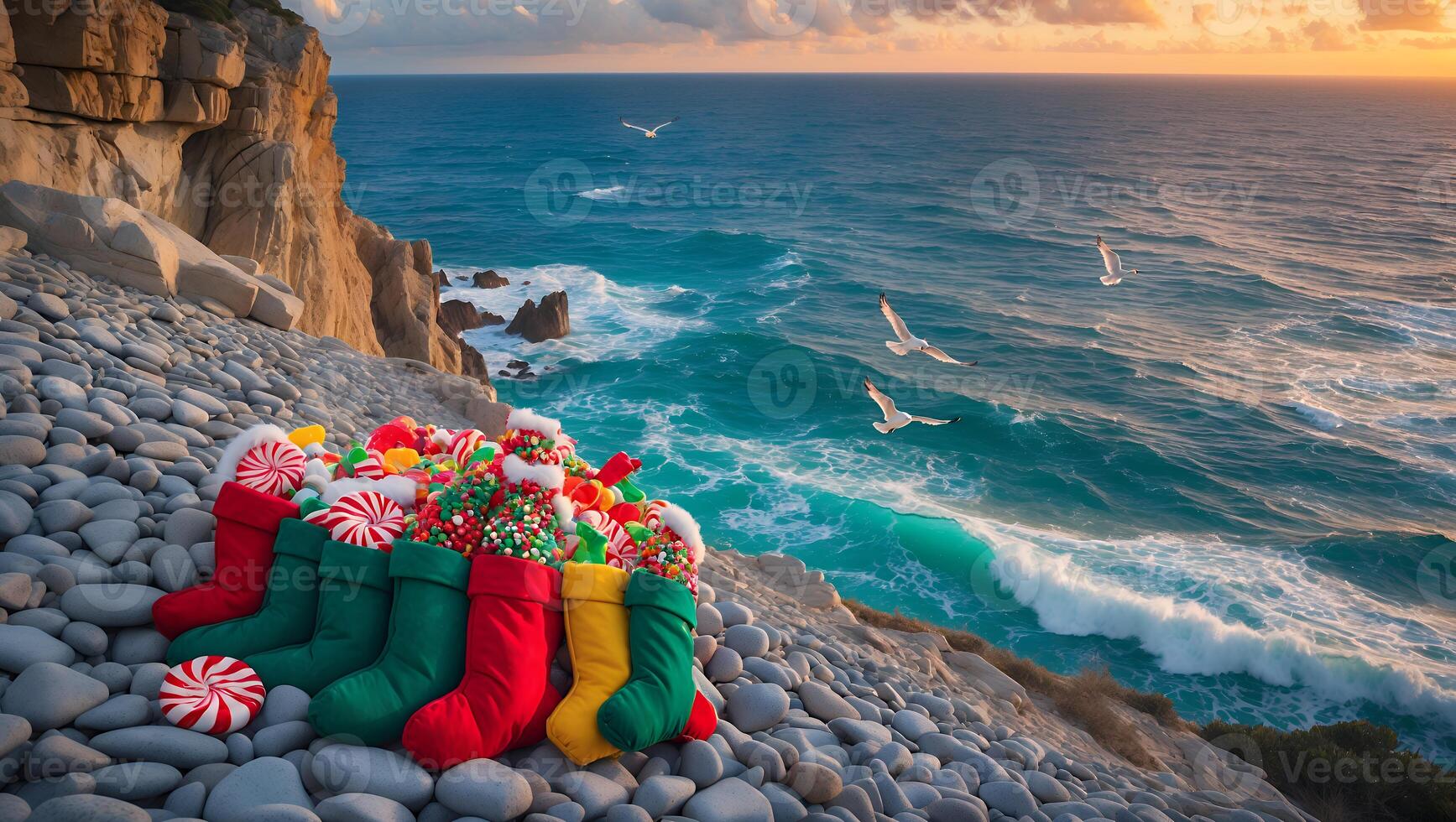 Stockings Filled with Candy on Pebble Beach with Ocean View photo