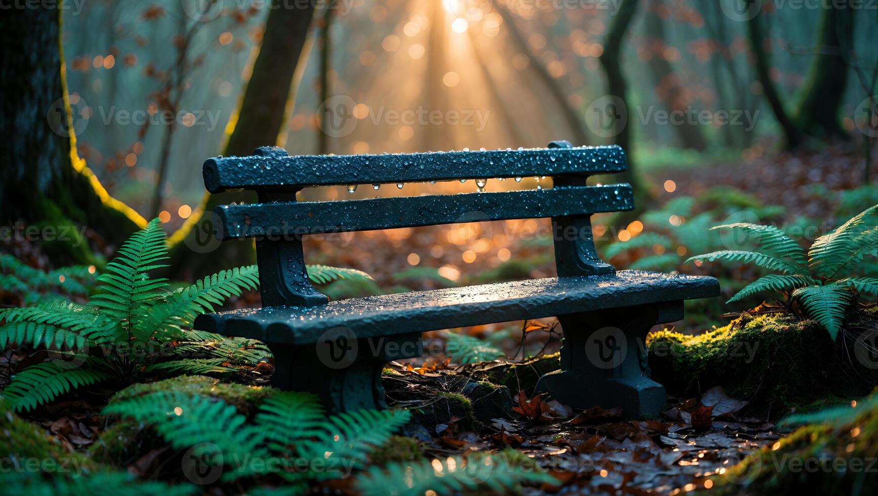 Park Bench Resting in a Forest Clearing with Sun Rays photo