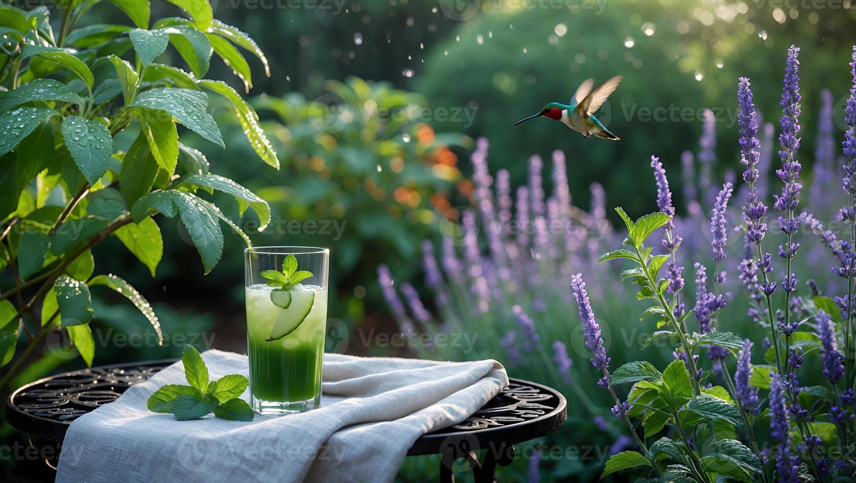 Refreshing Green Drink with Hummingbird in a Lush Garden Setting photo