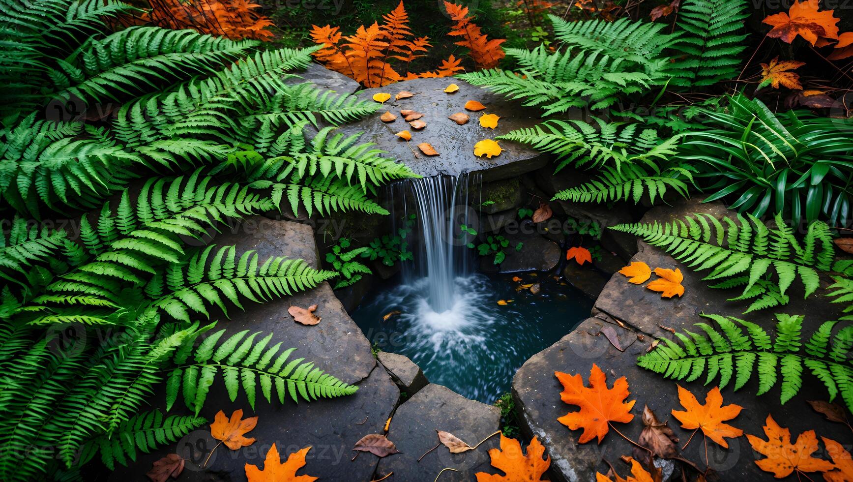 Waterfall Flowing Into a Small Pond Surrounded by Ferns and Leaves photo