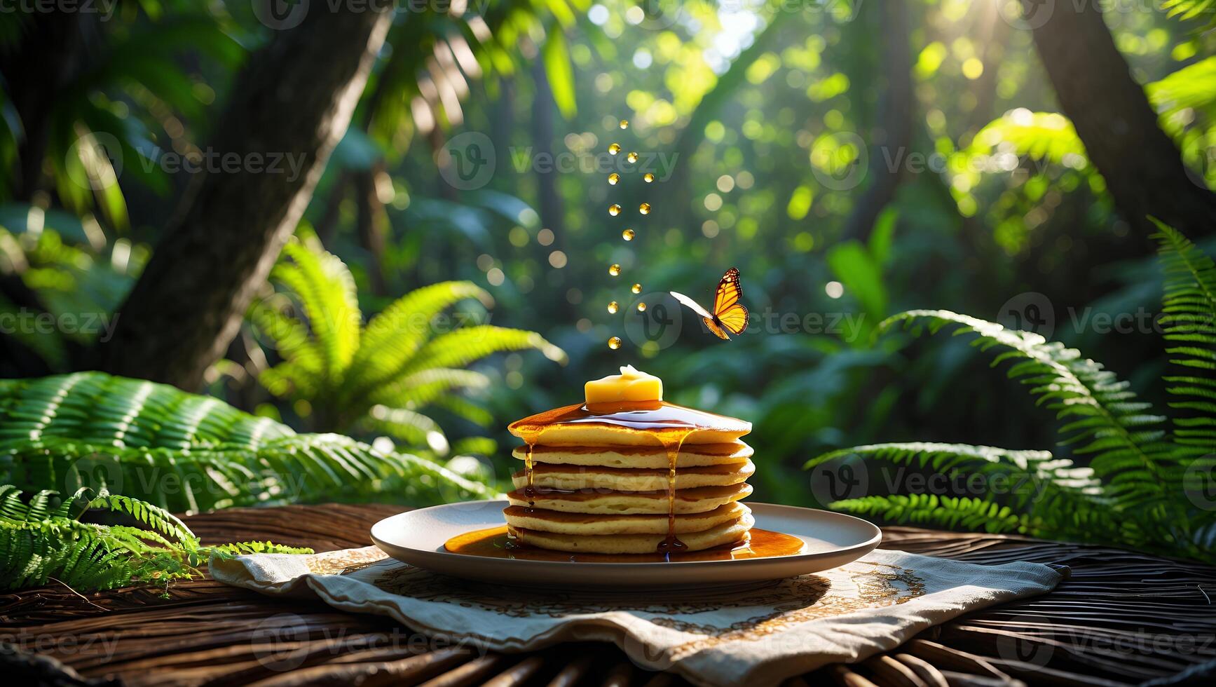 Pancake Stack with Butter and Syrup on a Table in Nature photo