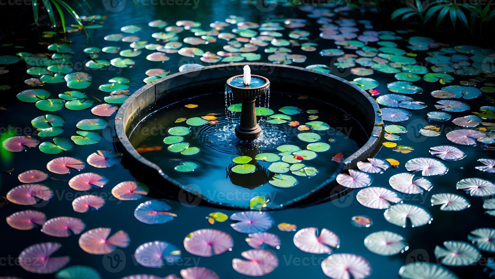 Fountain Bubbling in Pond with Lily Pads Creating Serene Scene photo