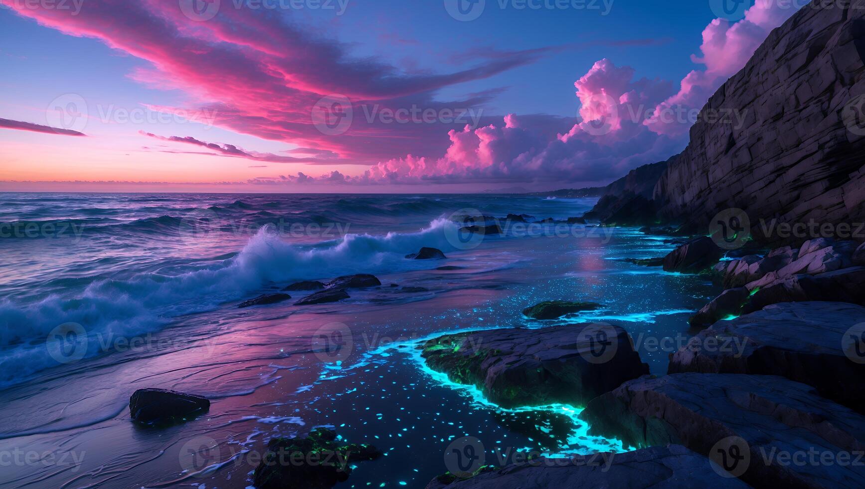 Glowing Bioluminescent Beach at Sunset with Waves and Colorful Sky photo