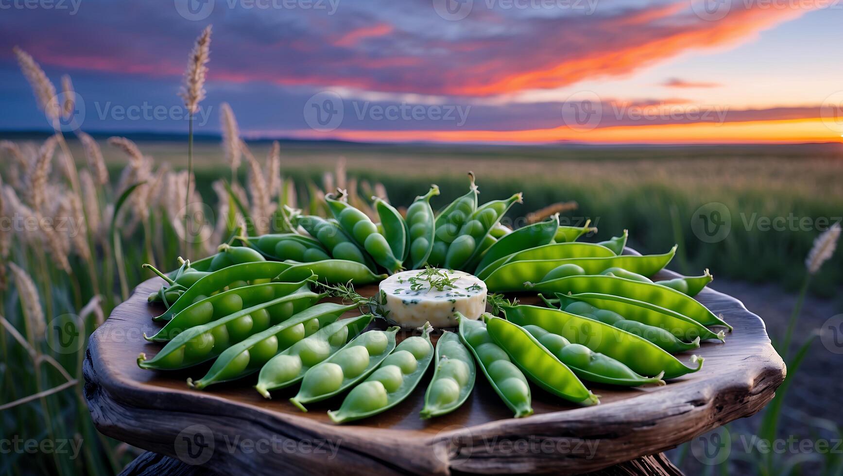 Preparing Green Peas with Cheese on Wooden Plate at Sunset photo