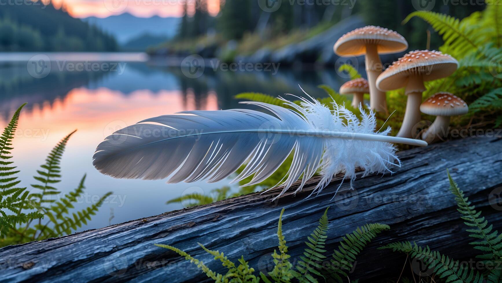Feather and Mushrooms on Log by Lake at Sunset Serenity photo