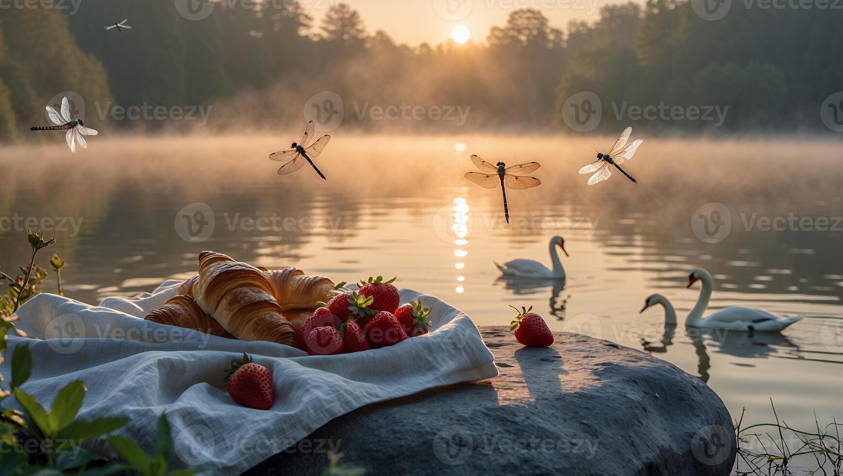 Croissants and Strawberries by Lake with Swans and Dragonflies photo