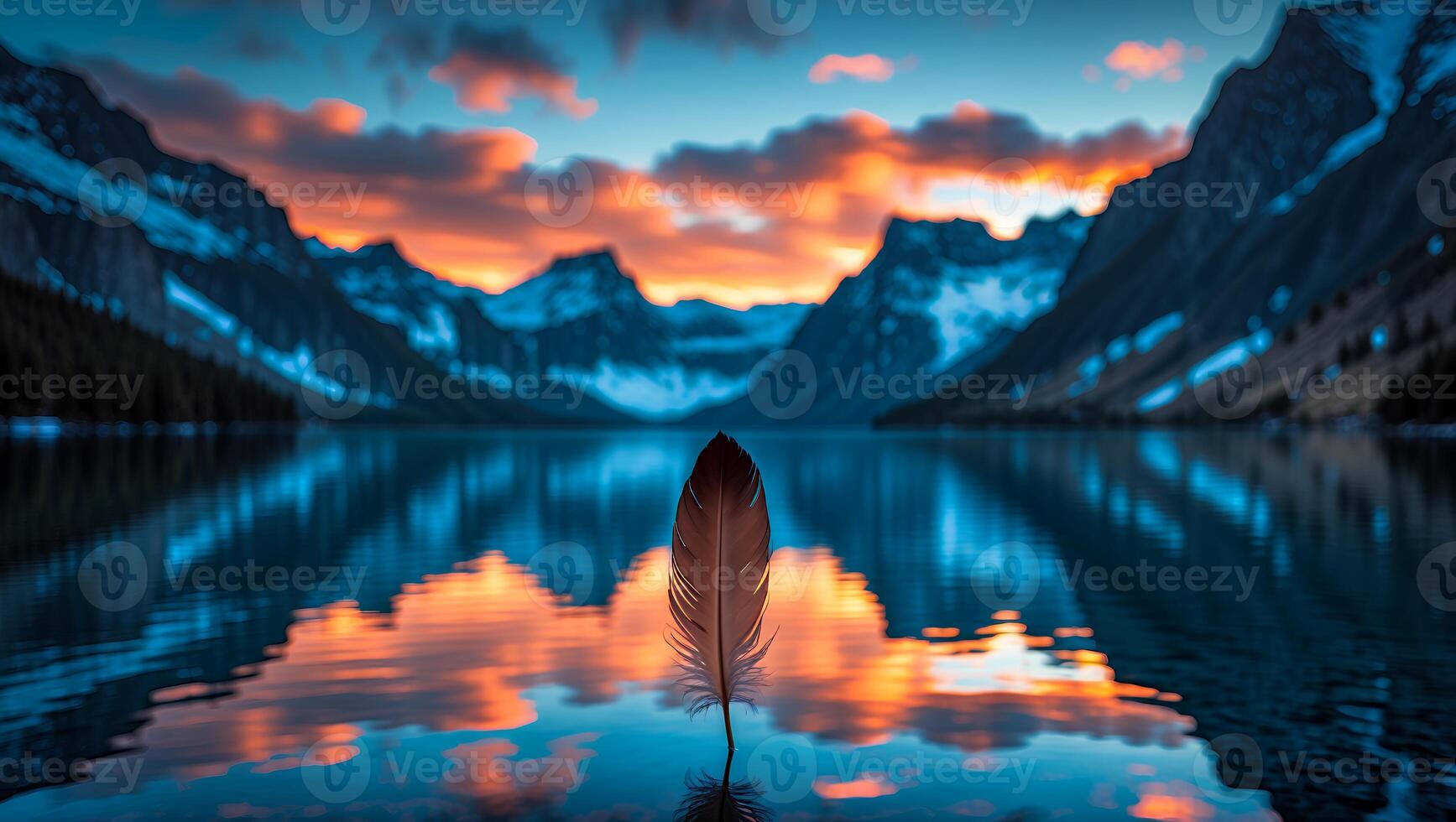 Feather Floating on Calm Lake Reflecting Mountains at Sunset photo