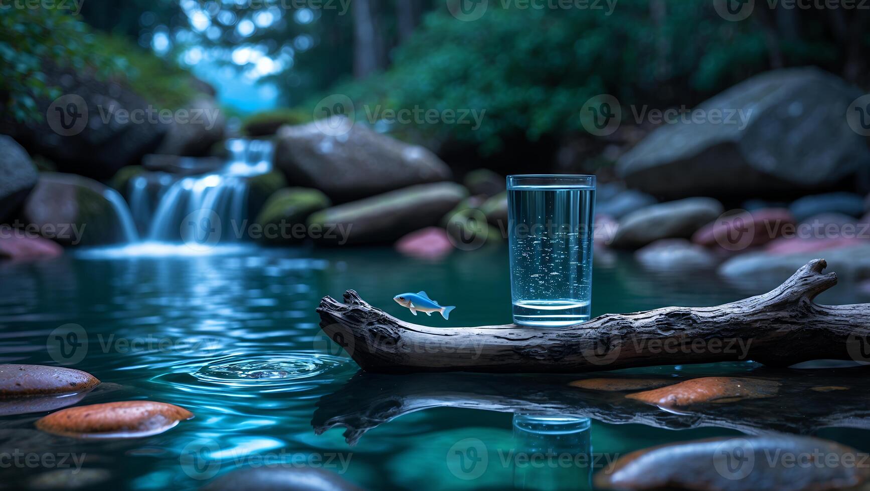 Glass of Water by Stream with Small Fish and Wood photo