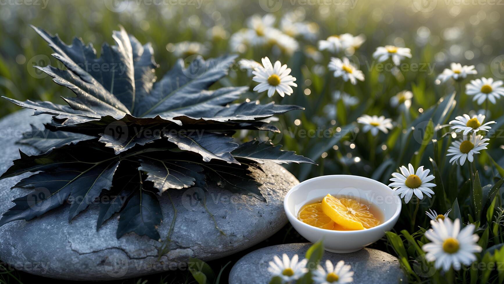 Natural Still Life with Stone, Leaf, Orange Slices, and Daisies photo