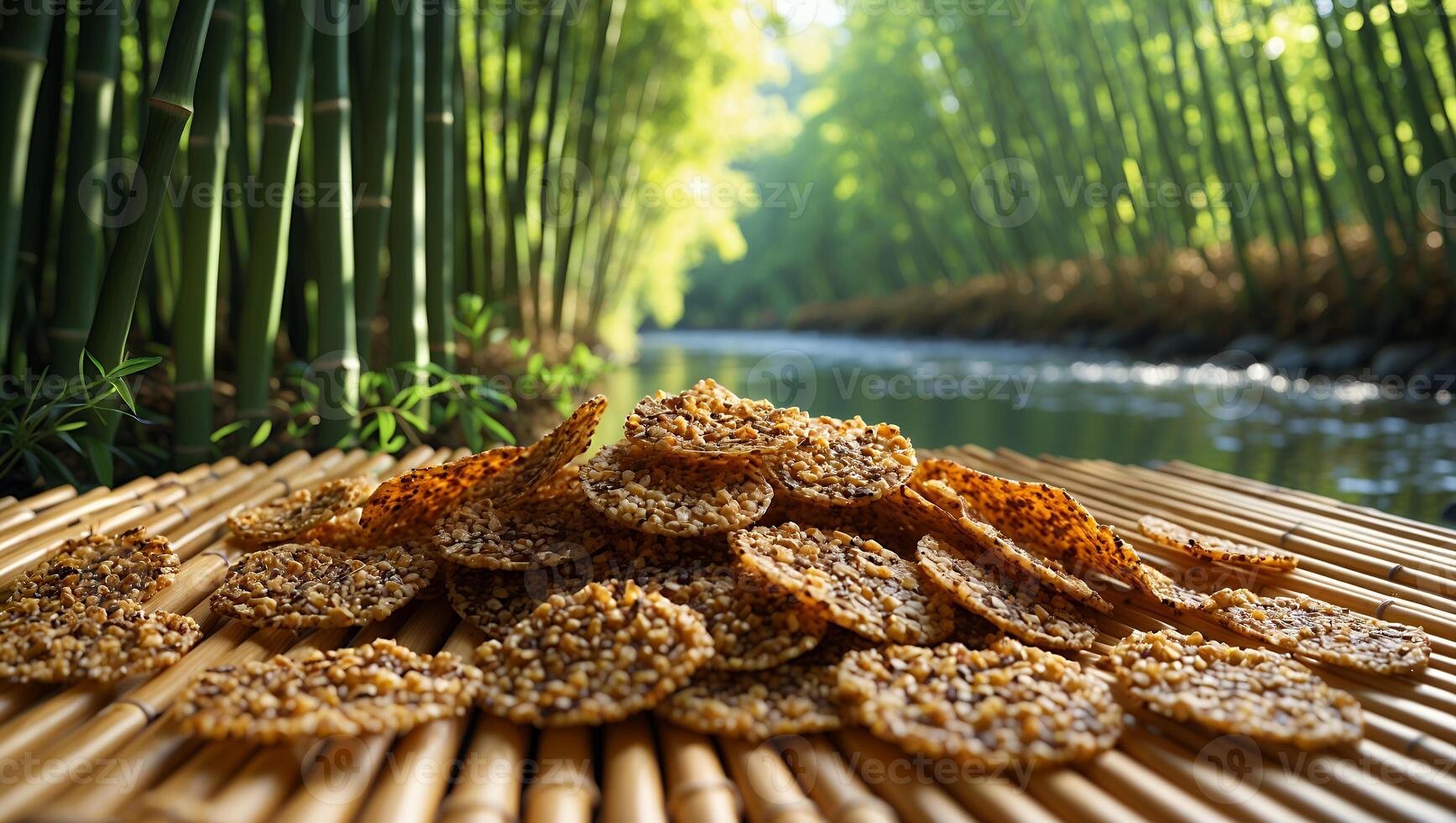 Crispy Round Snacks on Bamboo Mat Near Forest and River photo