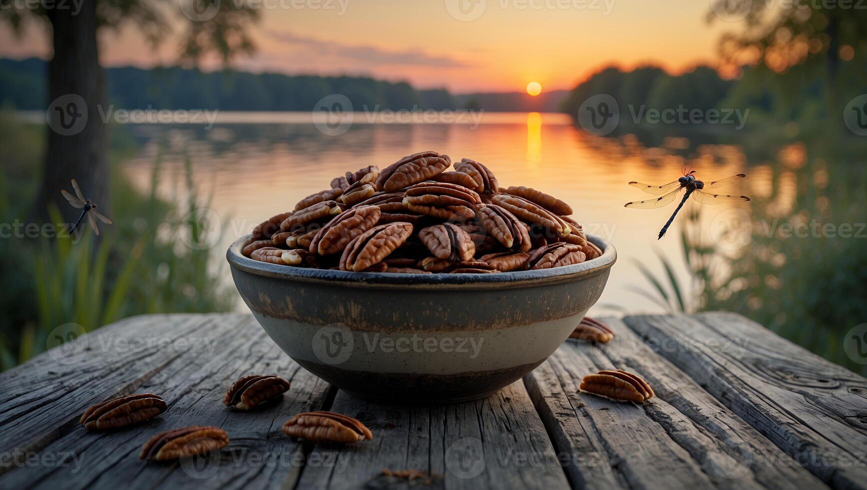 Pecan Nuts in Bowl on Wooden Table by Lake at Sunset photo