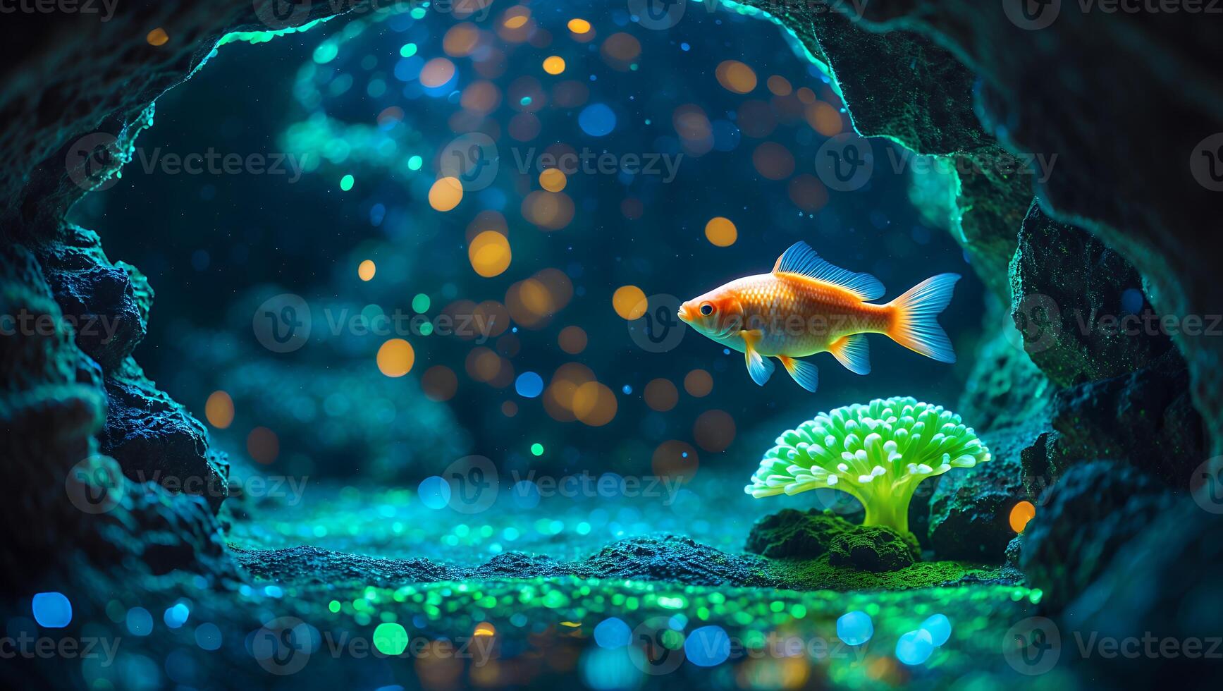 Goldfish Swimming in Ethereal Underwater Cave with Glowing Lights photo