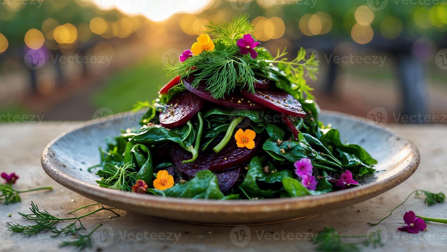 Beet Salad with Spinach and Edible Flowers in Outdoor Setting photo