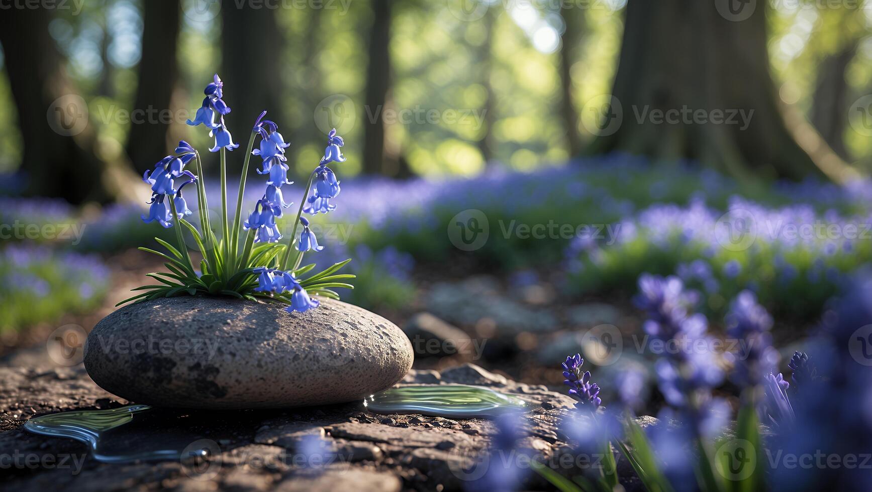 Bluebell Flowers Growing on Stone in Forest with Morning Sunlight photo