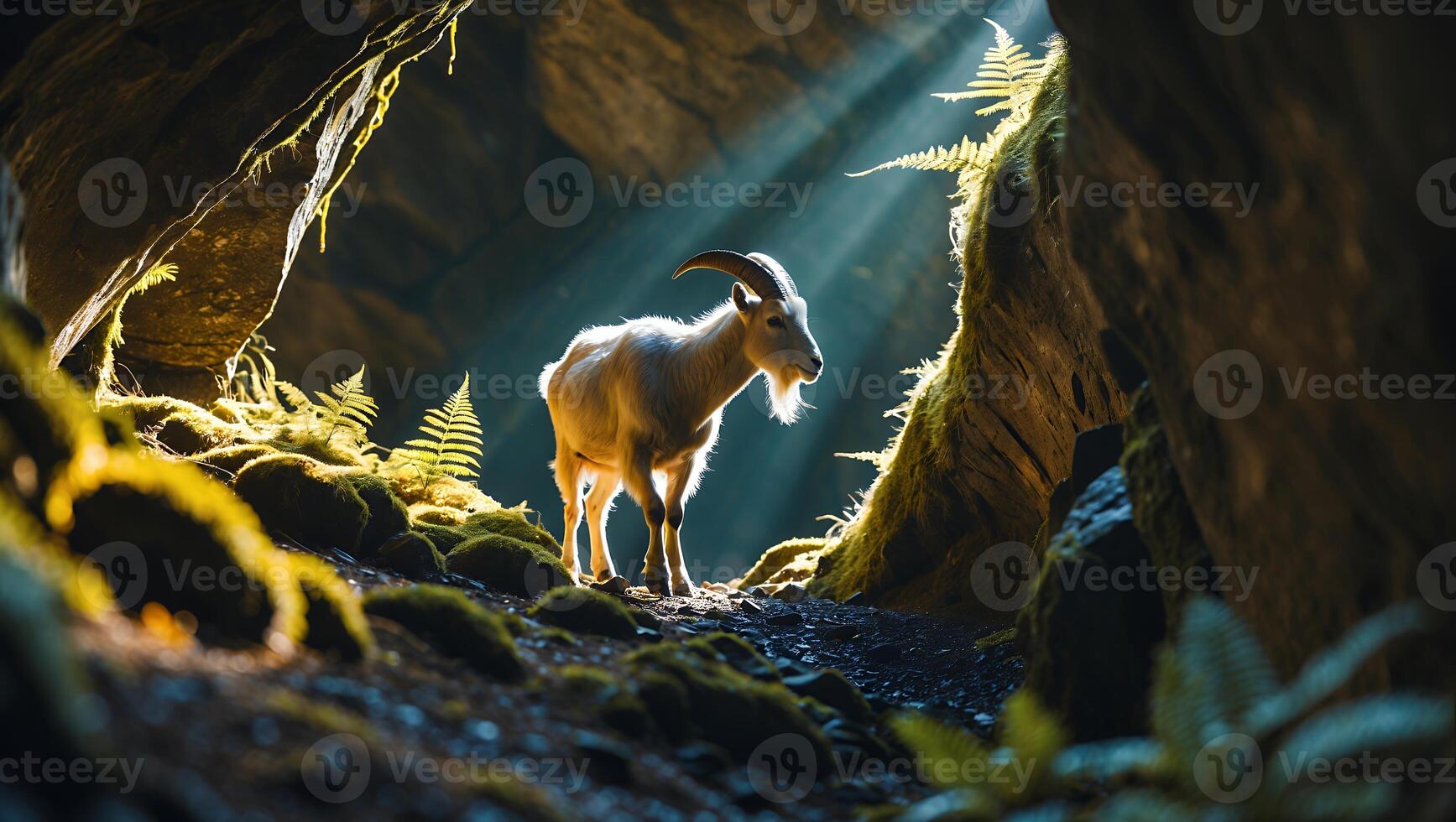 Goat Standing in Rock Cave with Sunlight Streaming Through Entrance photo