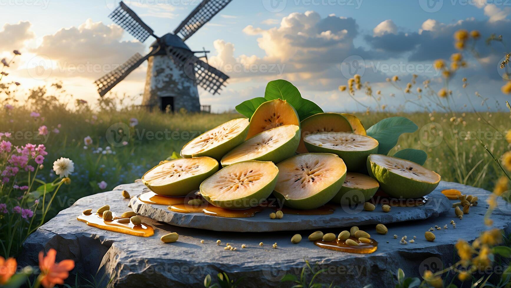 Sliced Fruit on Stone with Honey in Sunny Countryside Setting photo
