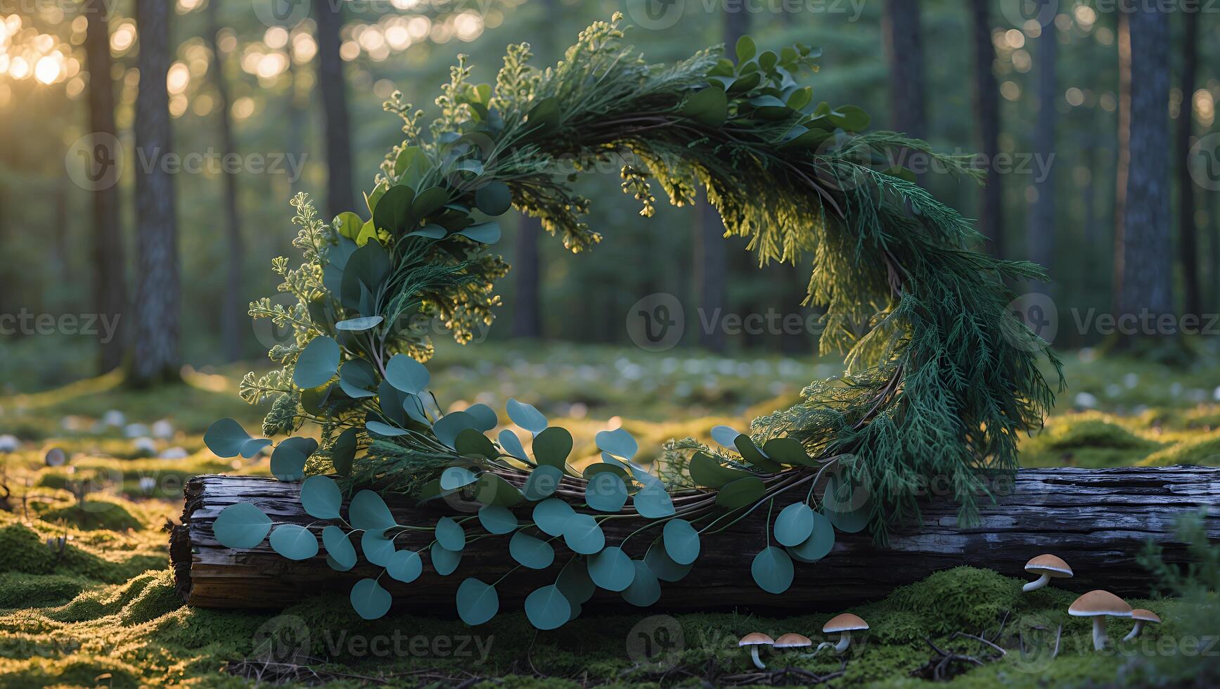 Creating Natural Woodland Wreath on Fallen Log in Sunlit Forest photo