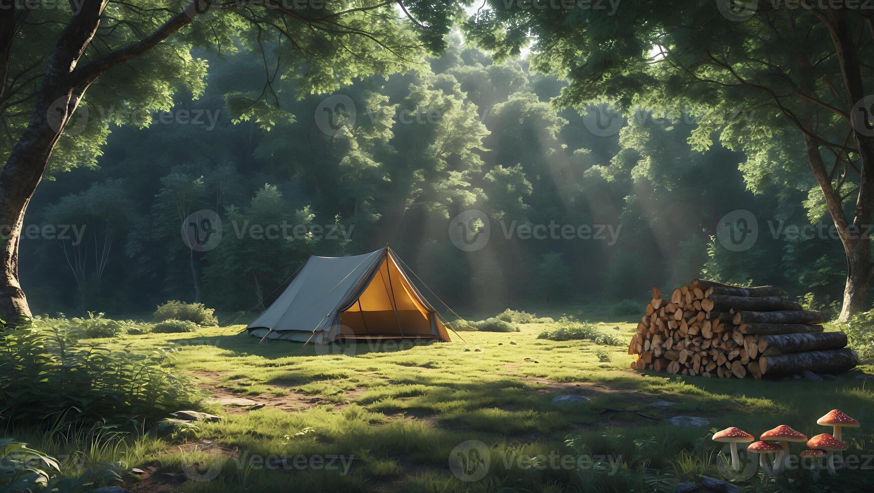 Camping Tent in Forest Clearing with Firewood and Sunlight Beams photo